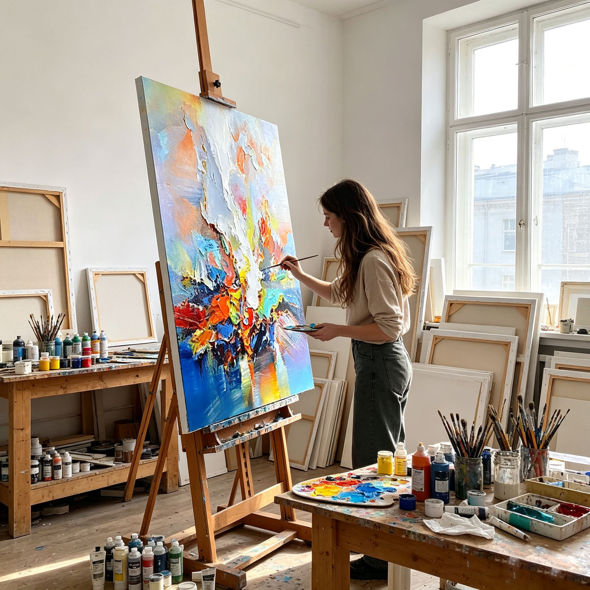Colorful Abstract Wall Art, Blue Red Orange Yellow Oil Painting, Large Expressive Canvas, Statement Office Study Living Room Decor