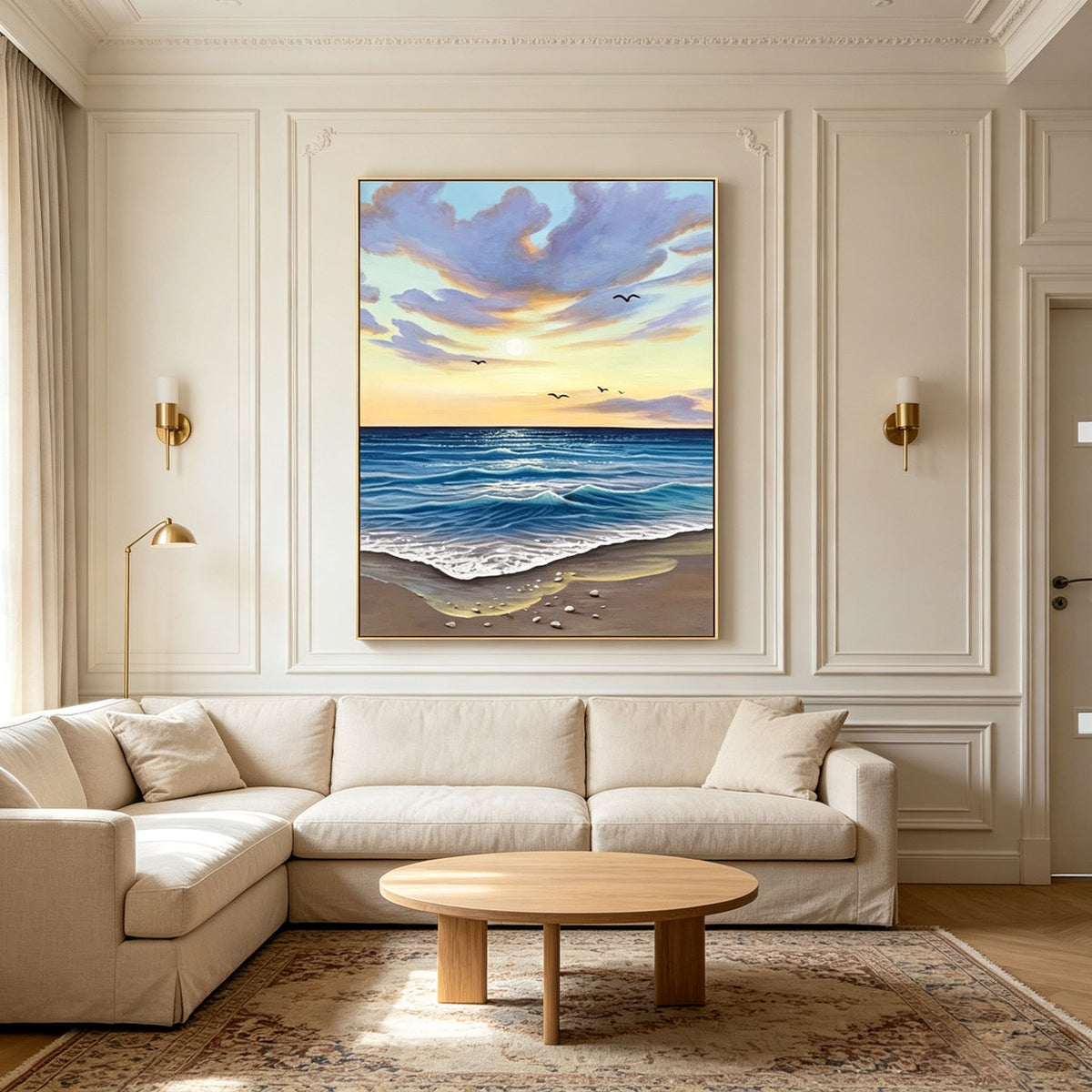 Ocean Sunset Beach Landscape Canvas Wall Art, Seaside Wave Seagull Scenery Painting for Living Room Home Decor