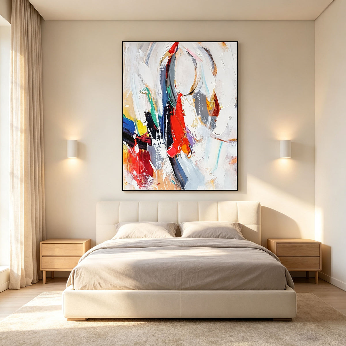 Colorful Abstract Wall Art, White Base Multicolor Impasto Oil Painting, Large Red Blue Yellow Green Canvas, Modern Bedroom Living Room Decor
