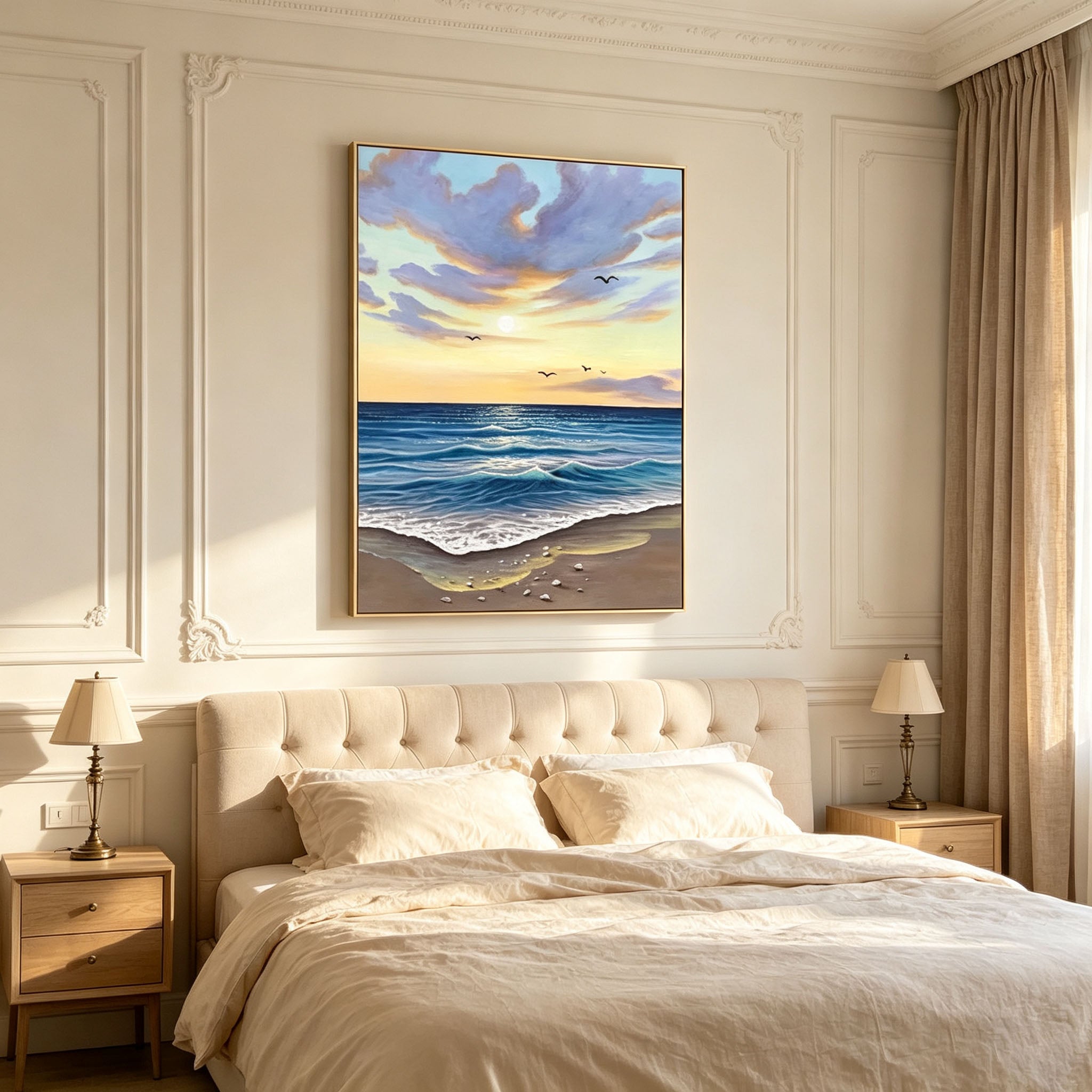 Ocean Sunset Beach Landscape Canvas Wall Art, Seaside Wave Seagull Scenery Painting for Living Room Home Decor
