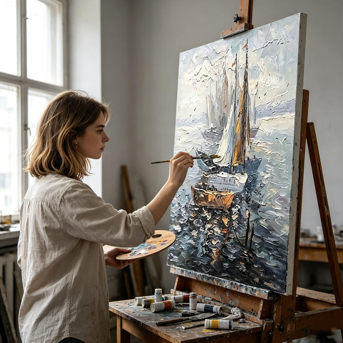 Sailboat Seascape Wall Art, Classic Sailing Boat Oil Painting, Large Textured Ocean Canvas, Elegant Dining Room Living Room Decor