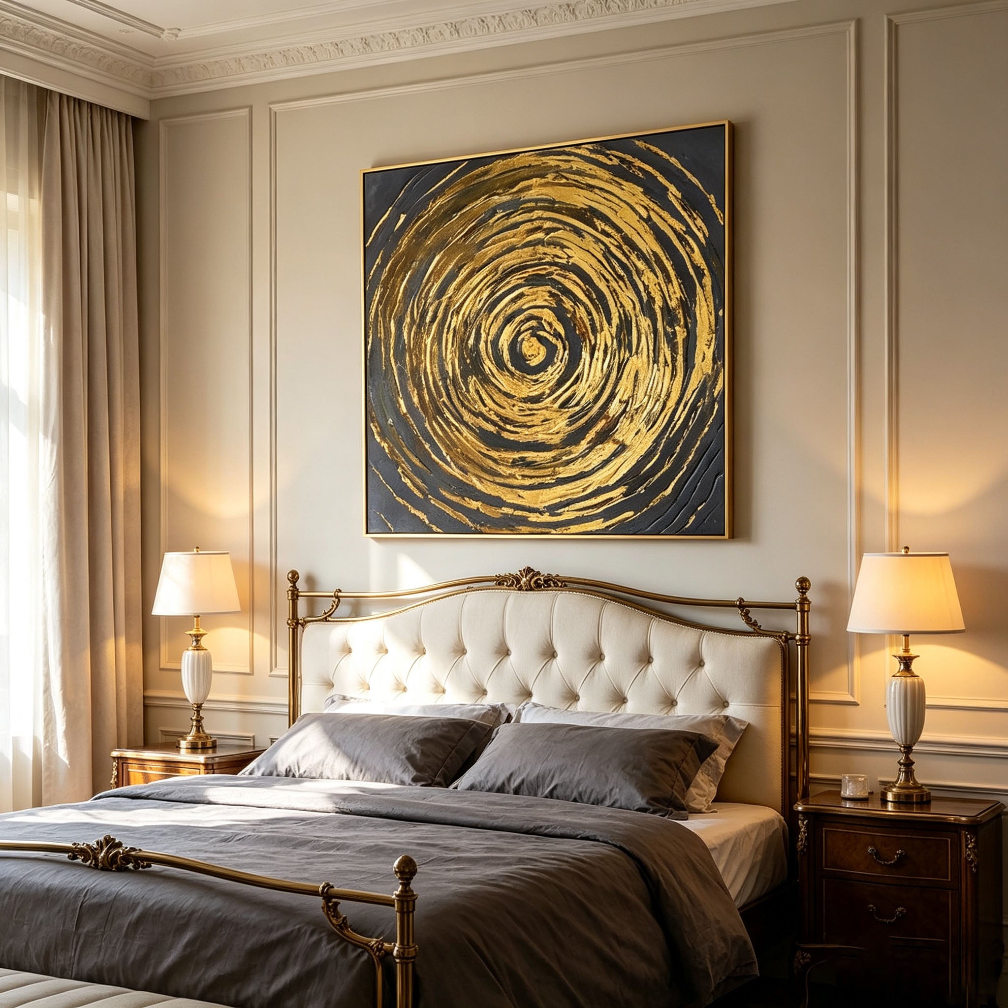 Thick Impasto Gold Swirl Abstract Oil Painting, Dark Grey Circular Texture Canvas Wall Art, Luxury Modern Handmade Decor