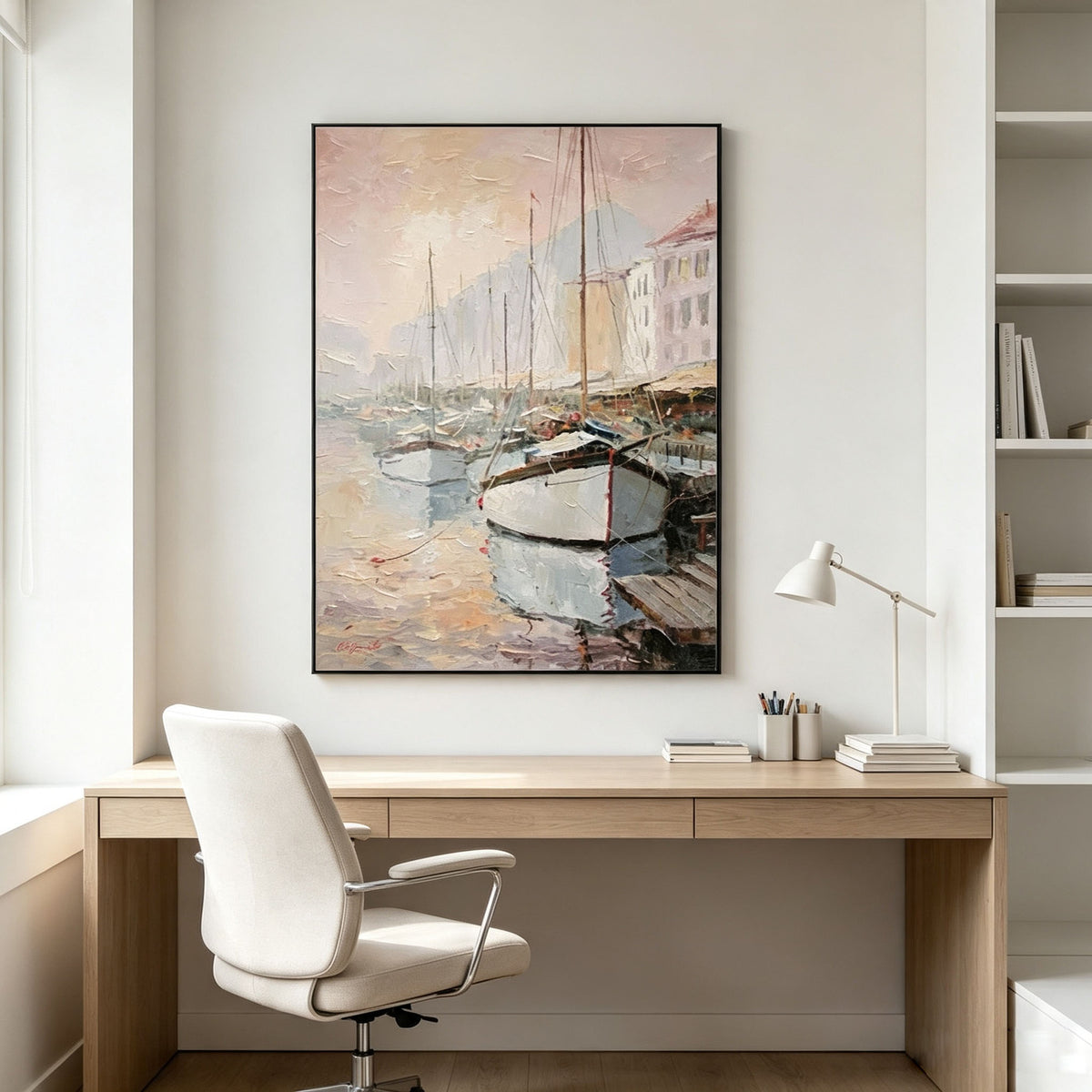 Impressionist Harbor Wall Art, Sailboat Port Oil Painting, Large Soft Coastal Landscape Canvas, Vintage Nautical Living Room Window Decor