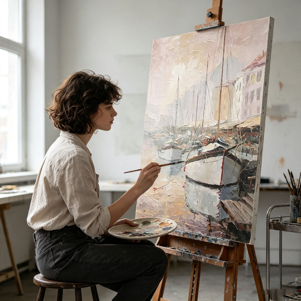 Impressionist Harbor Wall Art, Sailboat Port Oil Painting, Large Soft Coastal Landscape Canvas, Vintage Nautical Living Room Window Decor