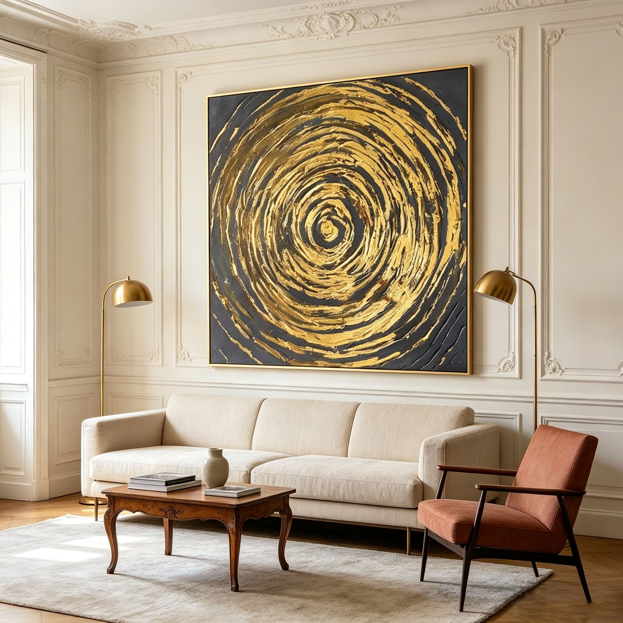 Thick Impasto Gold Swirl Abstract Oil Painting, Dark Grey Circular Texture Canvas Wall Art, Luxury Modern Handmade Decor