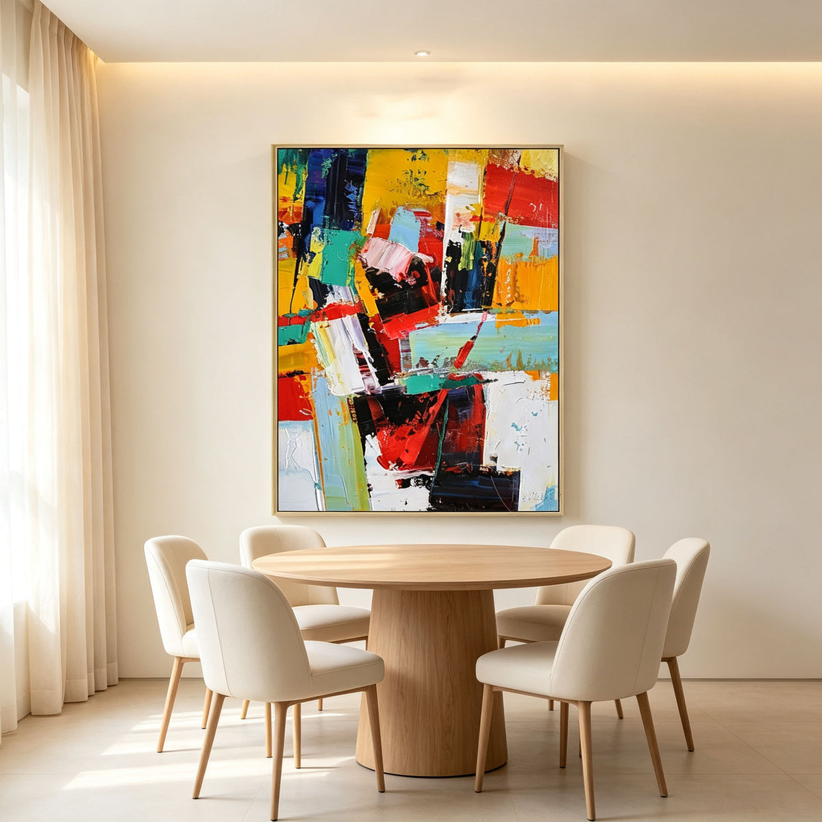 Colorful Abstract Wall Art, Multicolor Impasto Oil Painting, Large Red Yellow Blue Textured Canvas, Gold Frame Modern Living Room Decor