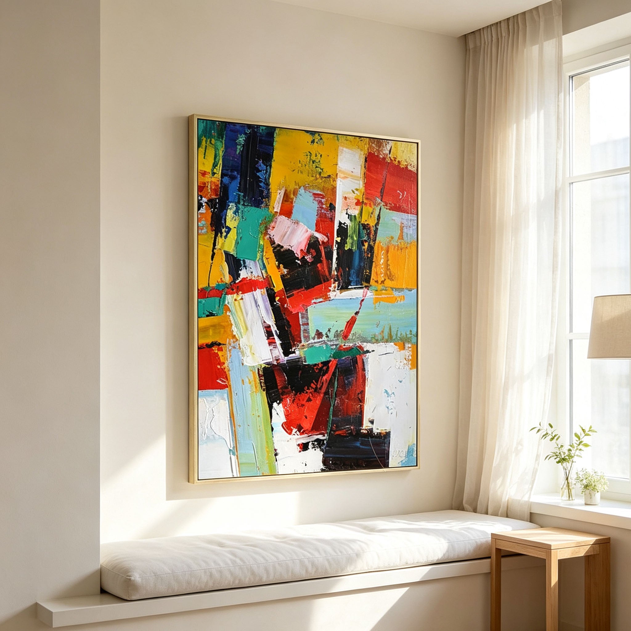 Colorful Abstract Wall Art, Multicolor Impasto Oil Painting, Large Red Yellow Blue Textured Canvas, Gold Frame Modern Living Room Decor