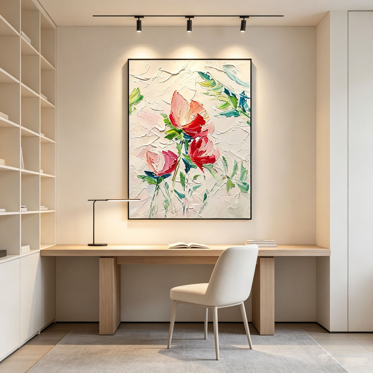 Pink Rose Floral Wall Art, Red Green Flower Impasto Oil Painting, Large Textured Bouquet Canvas, Modern Study Bedroom Wall Decor