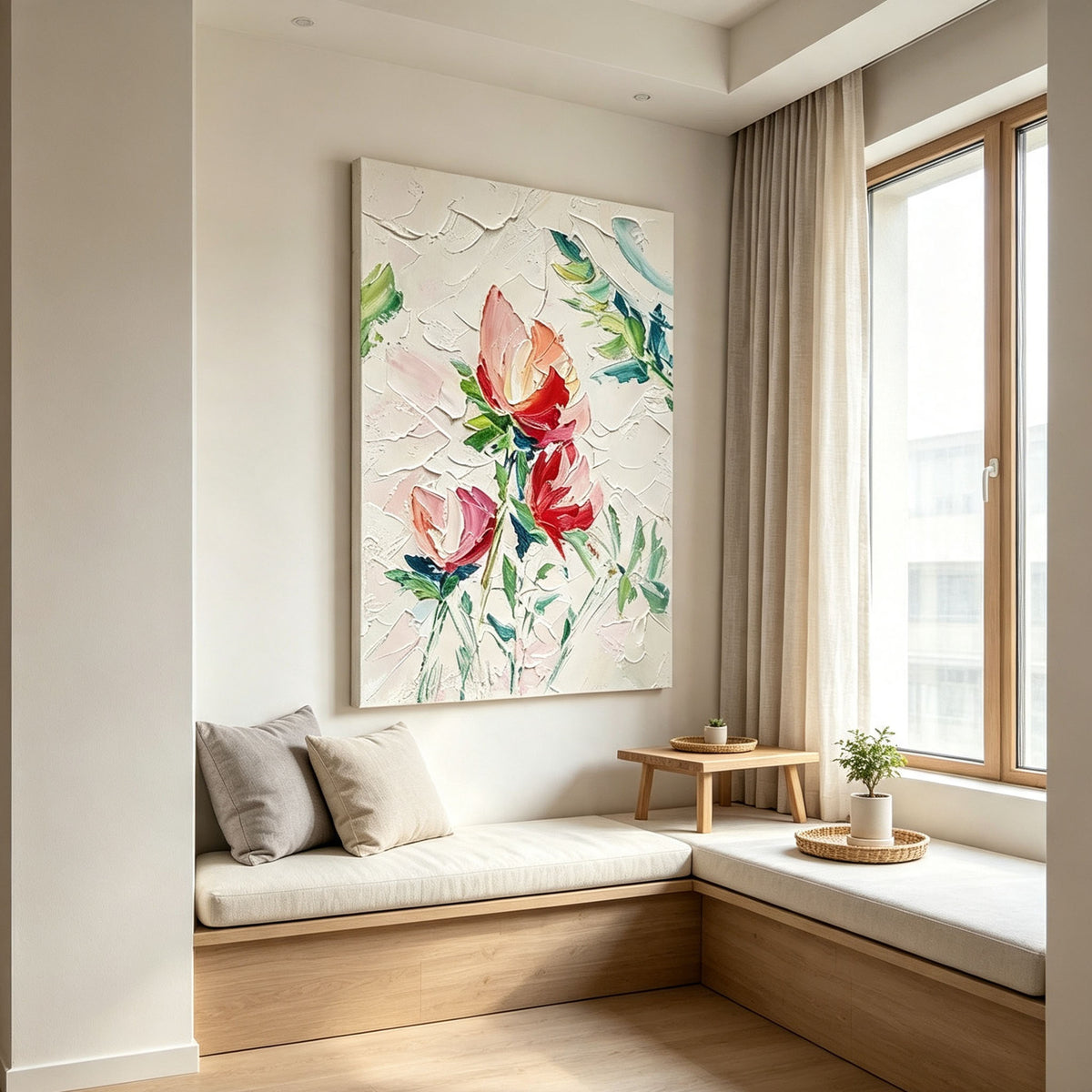 Pink Rose Floral Wall Art, Red Green Flower Impasto Oil Painting, Large Textured Bouquet Canvas, Modern Study Bedroom Wall Decor