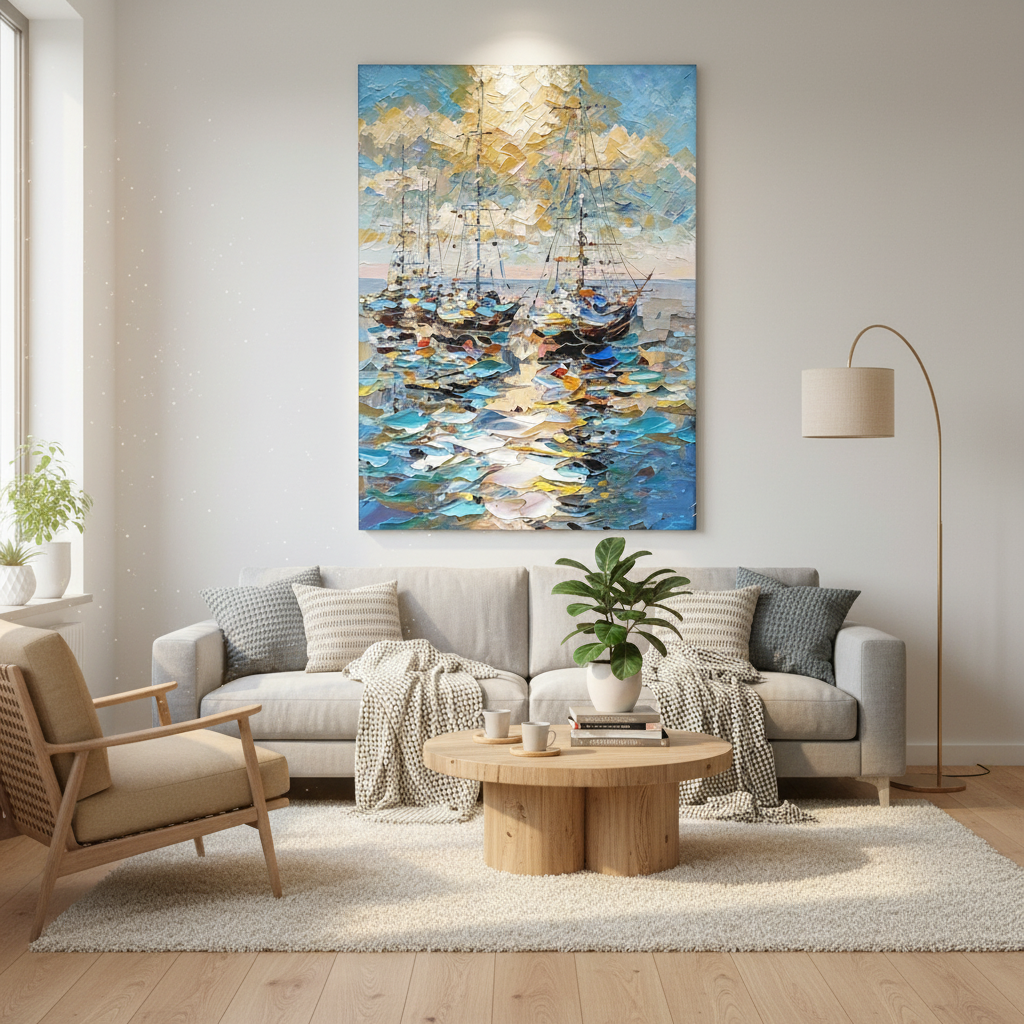 Stretched Hand-Painted "Harbor Moonlight" Oil Painting – Textured Nautical Statement Canvas for Coastal Elegance