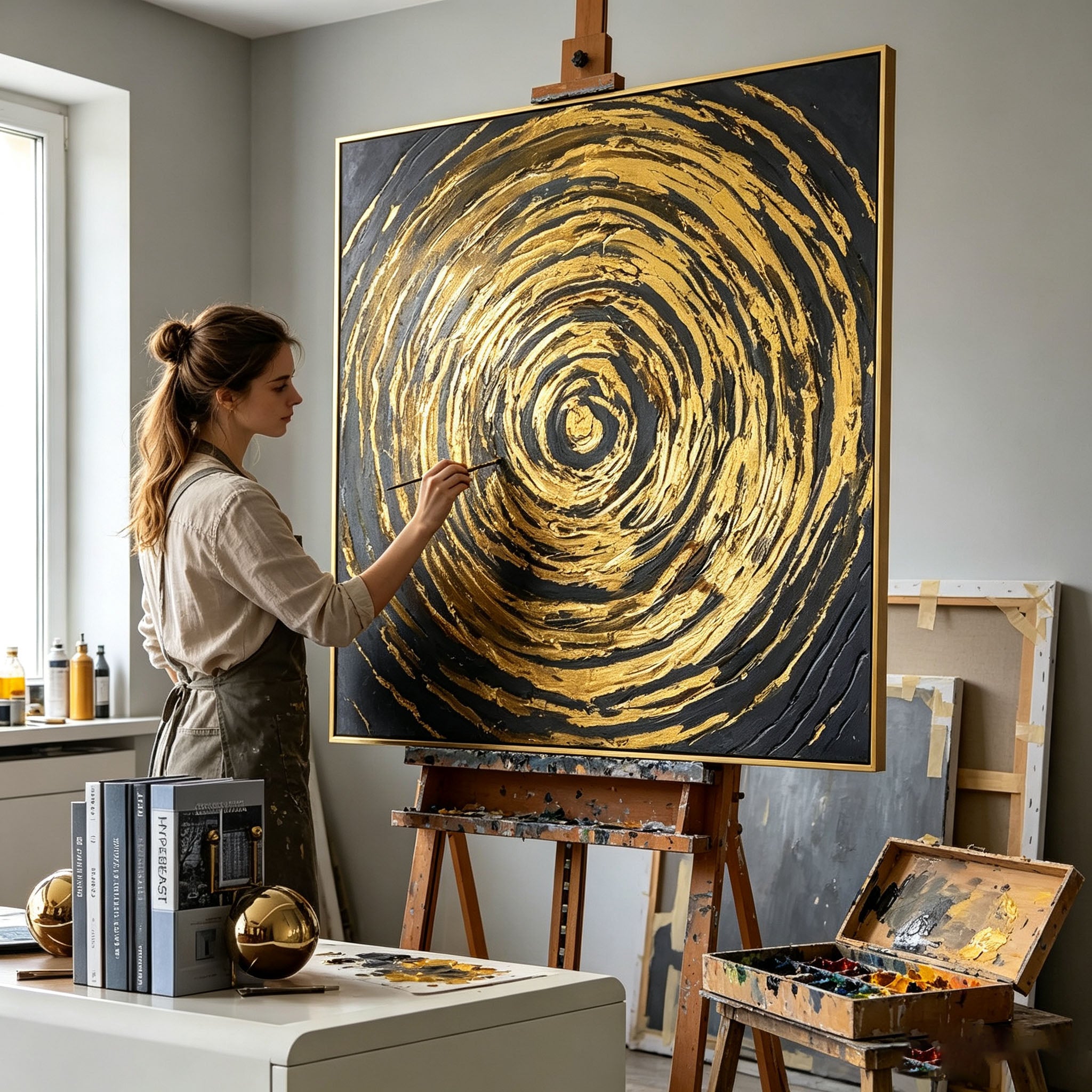 Thick Impasto Gold Swirl Abstract Oil Painting, Dark Grey Circular Texture Canvas Wall Art, Luxury Modern Handmade Decor