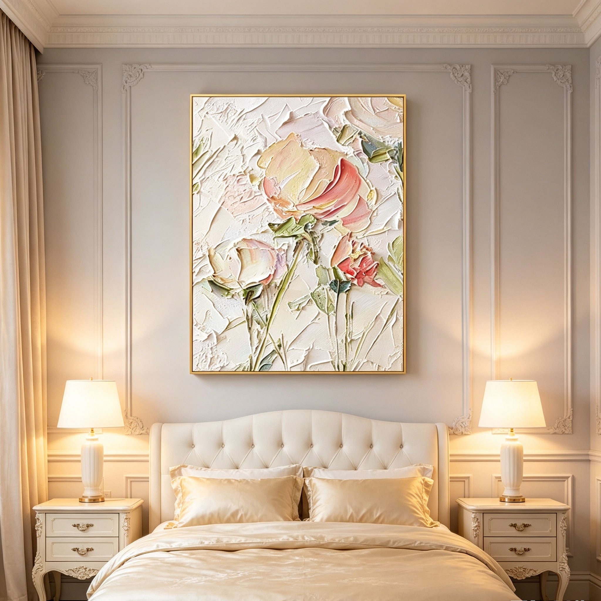 Pink Rose Wall Art, Gold Frame Floral Impasto Oil Painting, Large Soft Yellow Green Textured Canvas, Luxury Bedroom Wall Decor