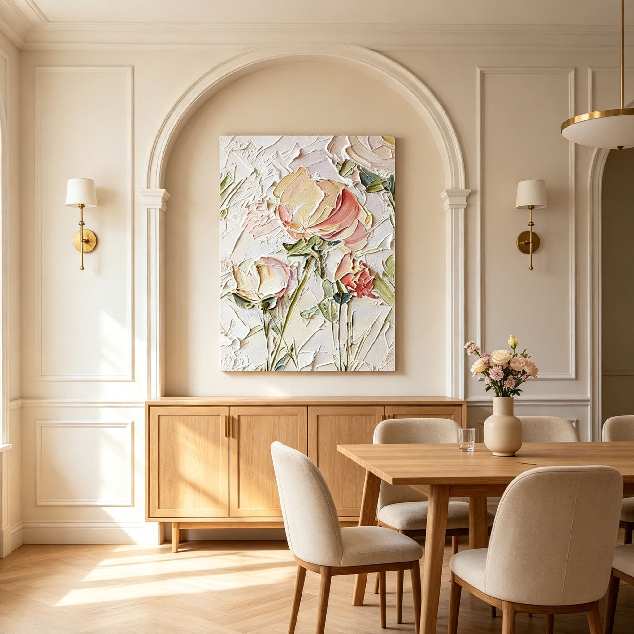 Pink Rose Wall Art, Gold Frame Floral Impasto Oil Painting, Large Soft Yellow Green Textured Canvas, Luxury Bedroom Wall Decor