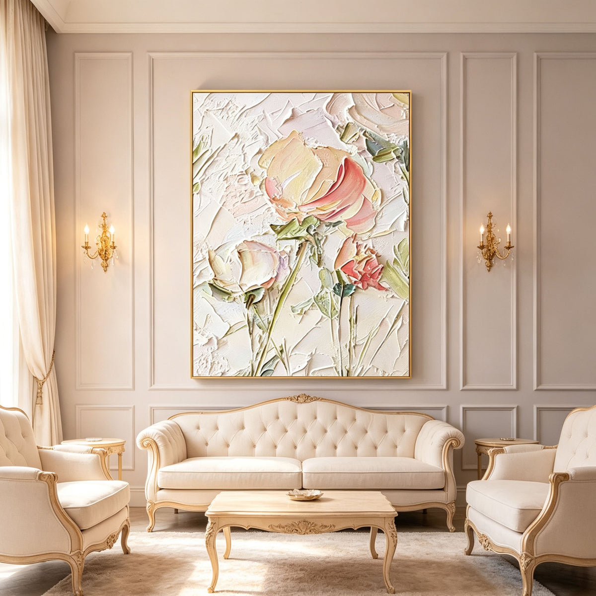 Pink Rose Wall Art, Gold Frame Floral Impasto Oil Painting, Large Soft Yellow Green Textured Canvas, Luxury Bedroom Wall Decor