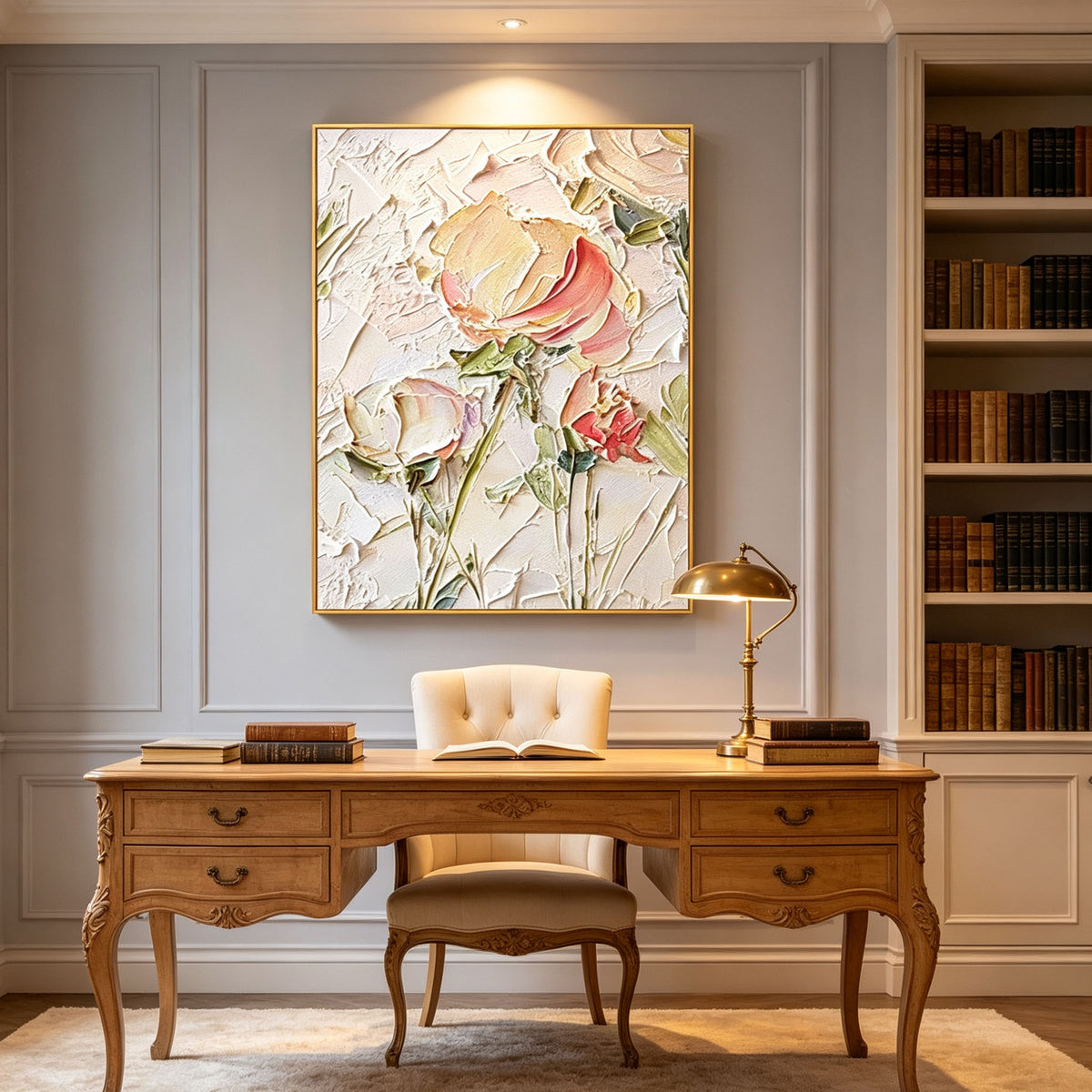 Pink Rose Wall Art, Gold Frame Floral Impasto Oil Painting, Large Soft Yellow Green Textured Canvas, Luxury Bedroom Wall Decor