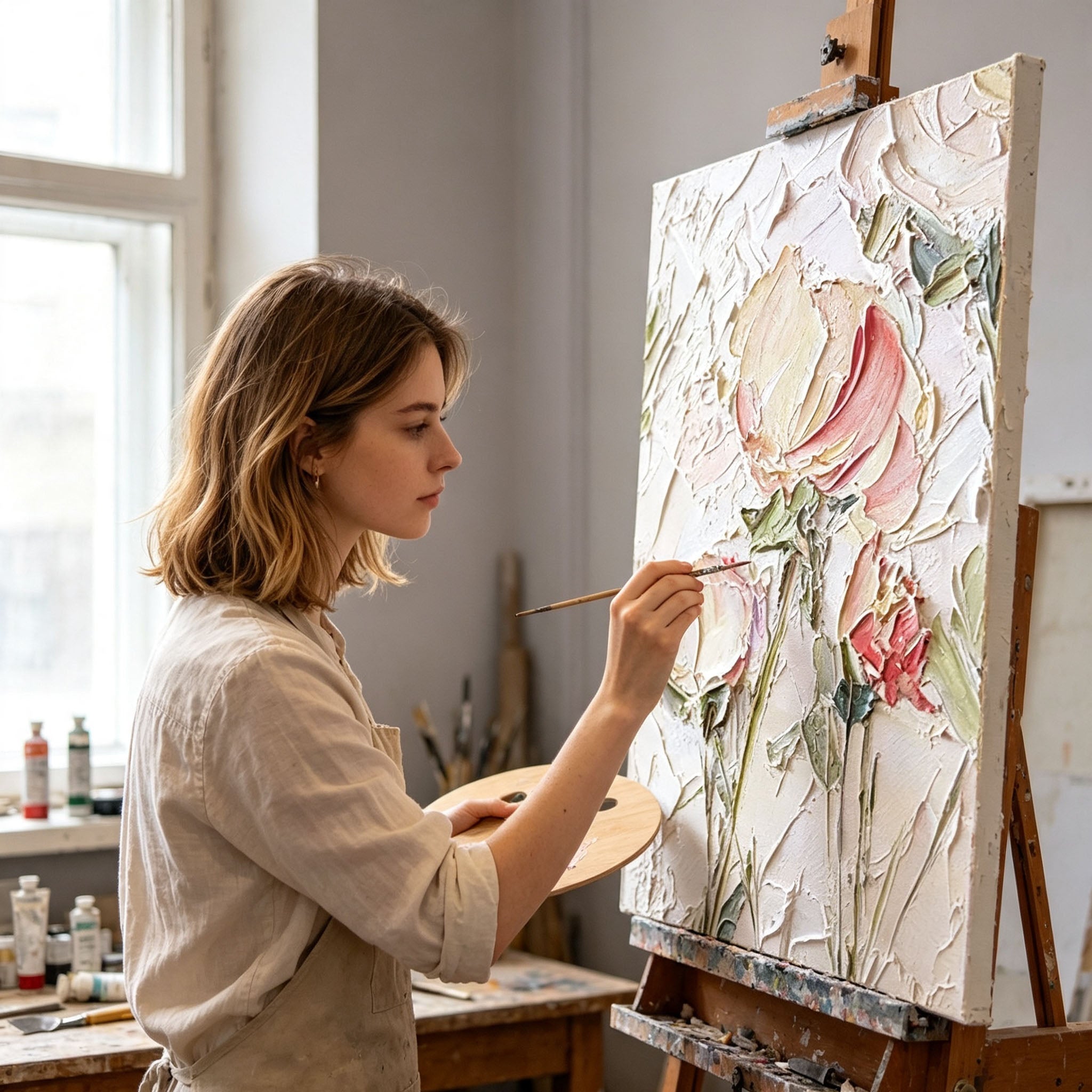 Pink Rose Wall Art, Gold Frame Floral Impasto Oil Painting, Large Soft Yellow Green Textured Canvas, Luxury Bedroom Wall Decor