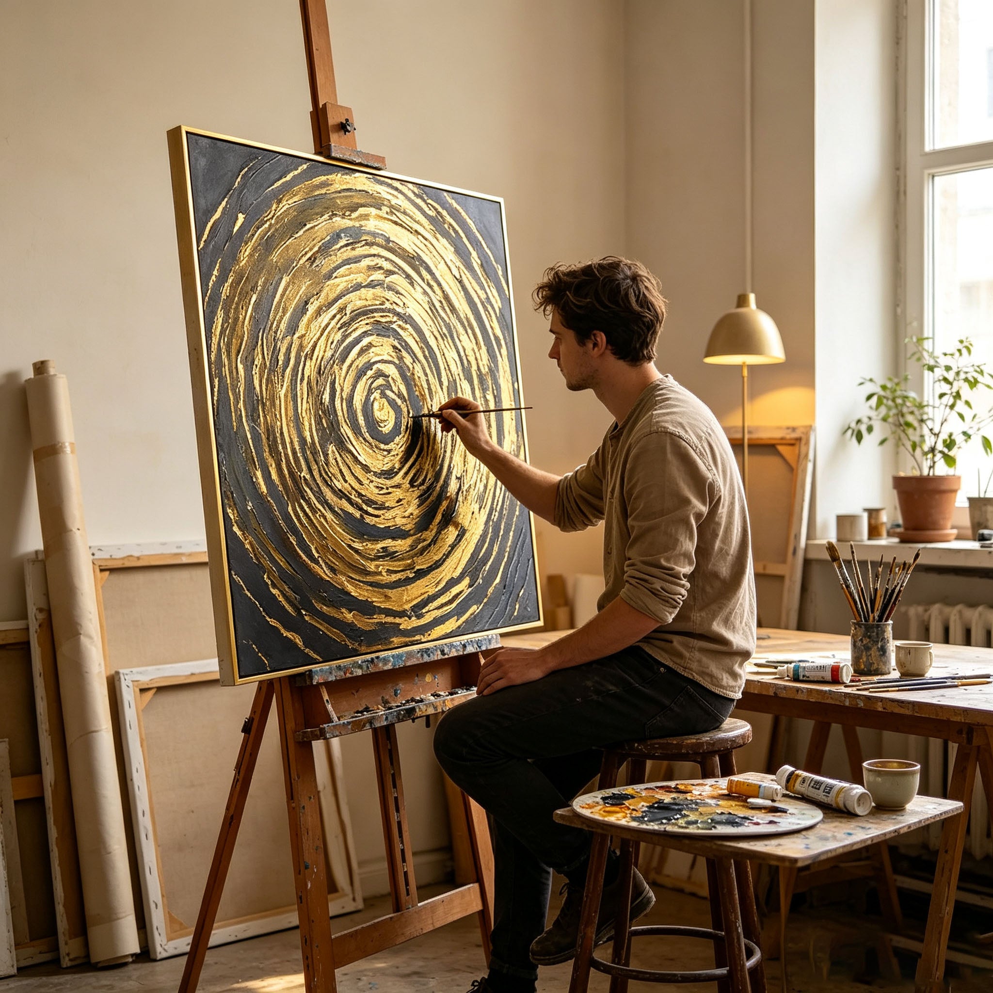 Thick Impasto Gold Swirl Abstract Oil Painting, Dark Grey Circular Texture Canvas Wall Art, Luxury Modern Handmade Decor