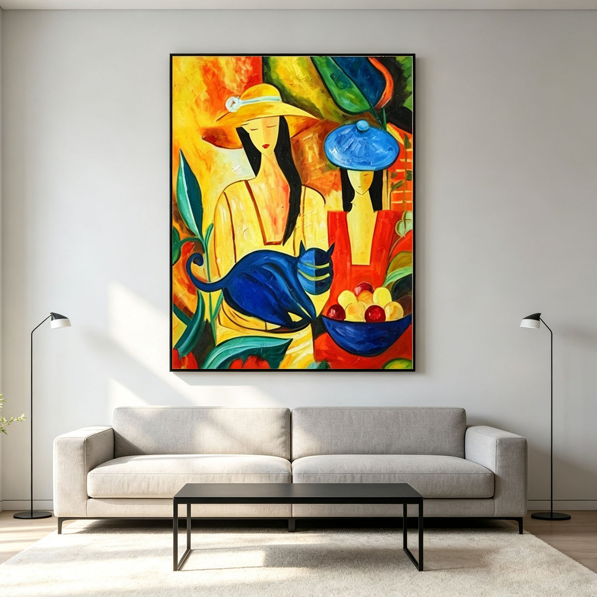 Stylized People and Blue Cat Wall Art, Colorful Abstract Oil Painting, Figurative Art Canvas with Fruit Bowl, Modern Living Room Decor