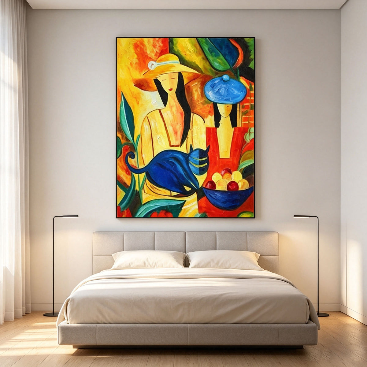 Stylized People and Blue Cat Wall Art, Colorful Abstract Oil Painting, Figurative Art Canvas with Fruit Bowl, Modern Living Room Decor