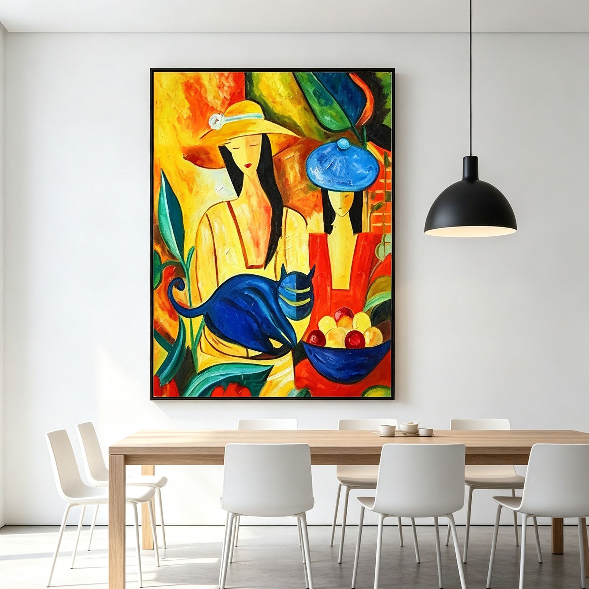 Stylized People and Blue Cat Wall Art, Colorful Abstract Oil Painting, Figurative Art Canvas with Fruit Bowl, Modern Living Room Decor