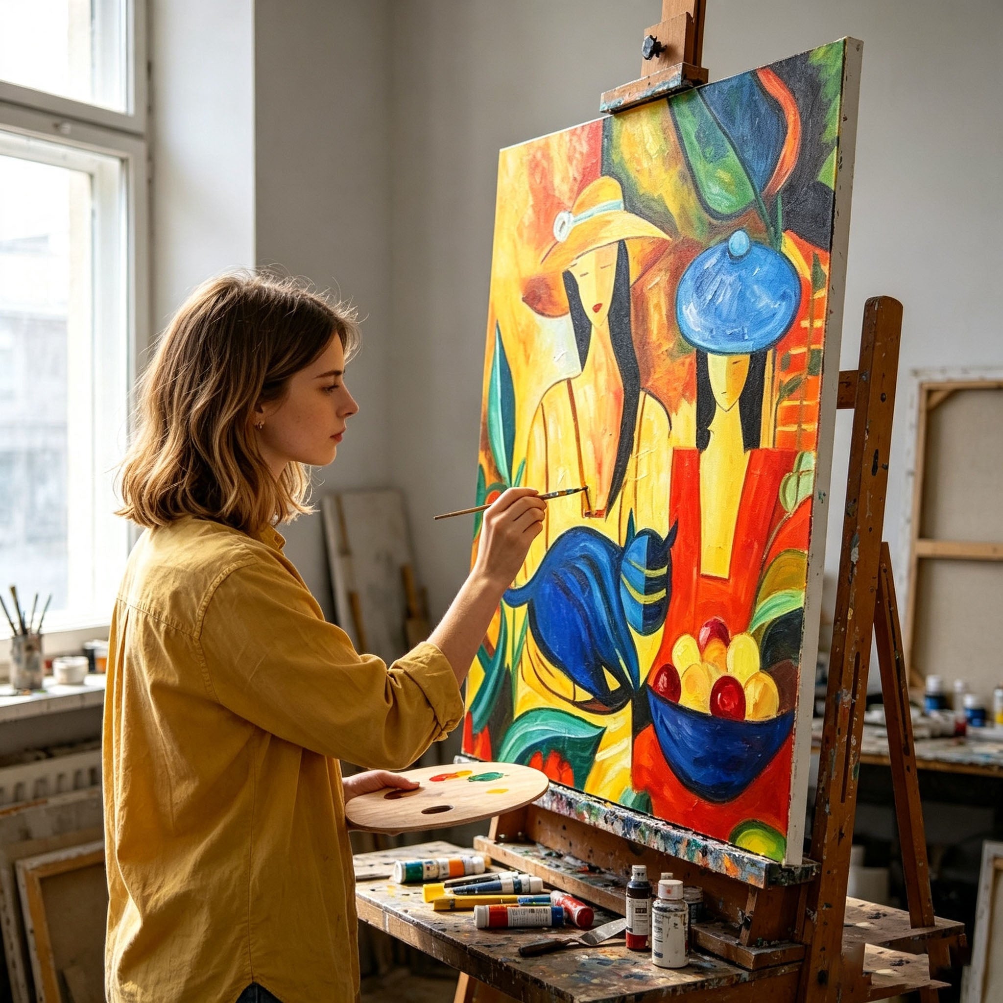 Stylized People and Blue Cat Wall Art, Colorful Abstract Oil Painting, Figurative Art Canvas with Fruit Bowl, Modern Living Room Decor
