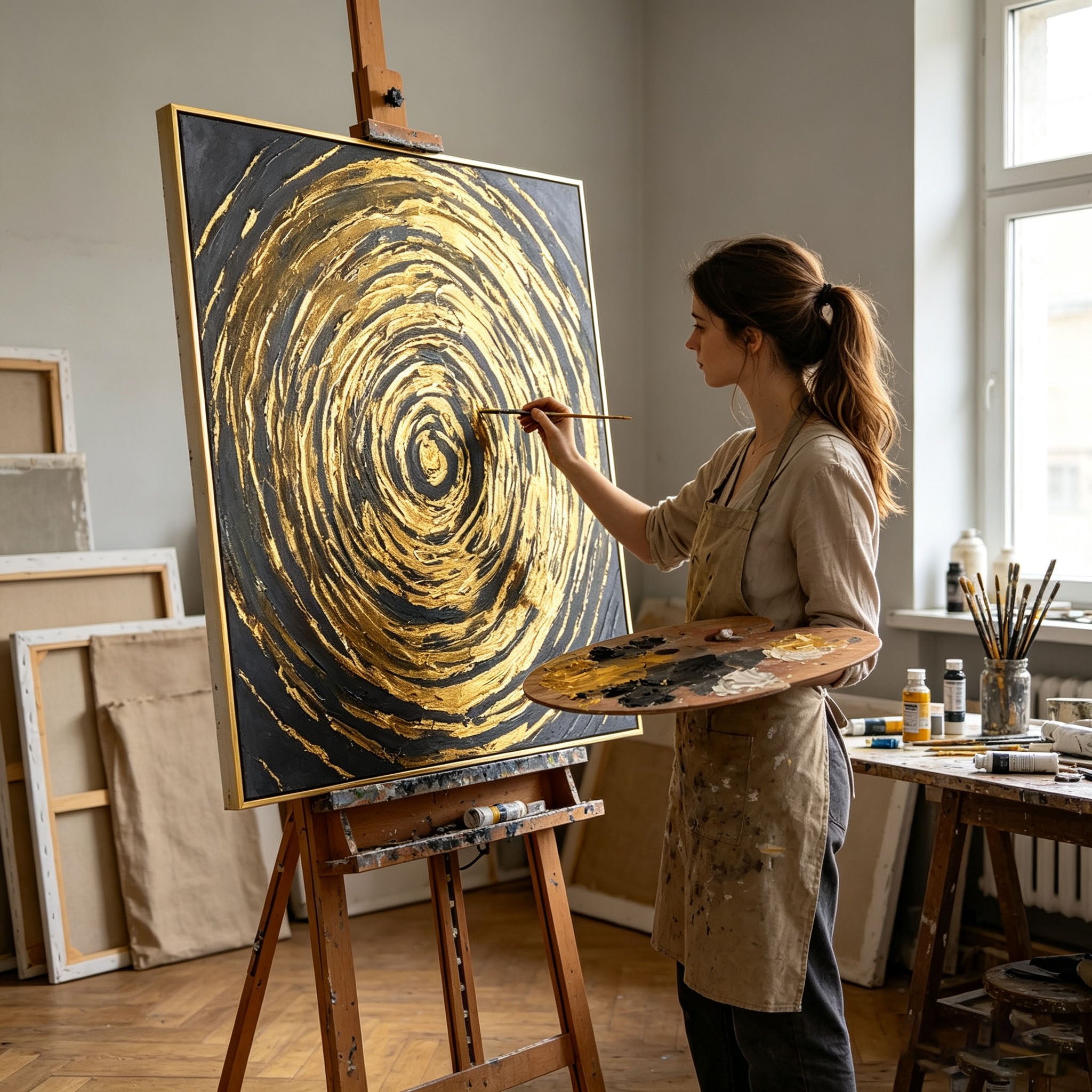 Thick Impasto Gold Swirl Abstract Oil Painting, Dark Grey Circular Texture Canvas Wall Art, Luxury Modern Handmade Decor