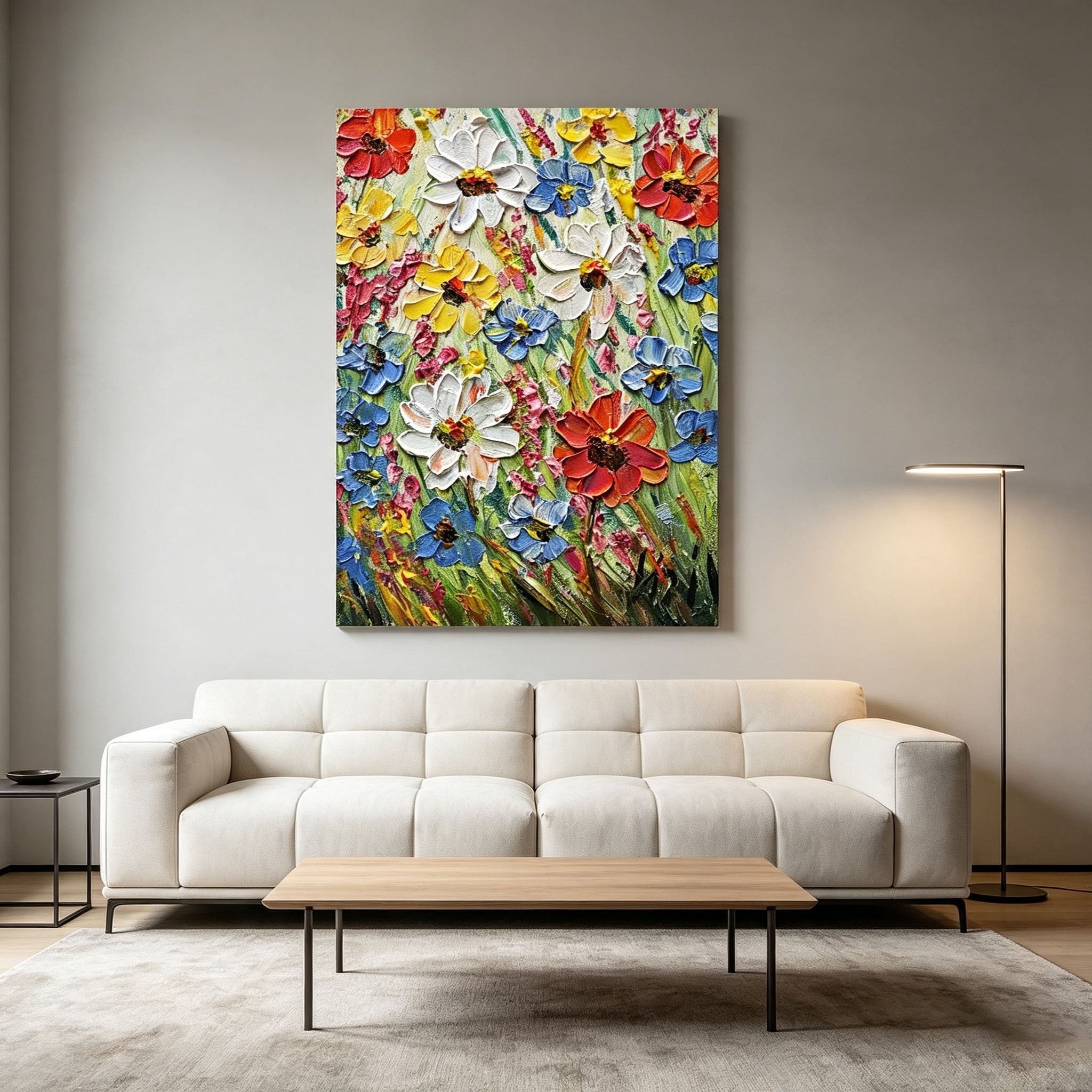 Daisy Floral Wall Art, Colorful Red Yellow Blue Flower Oil Painting, Large Textured Bouquet Canvas, Modern Living Room Wall Decor