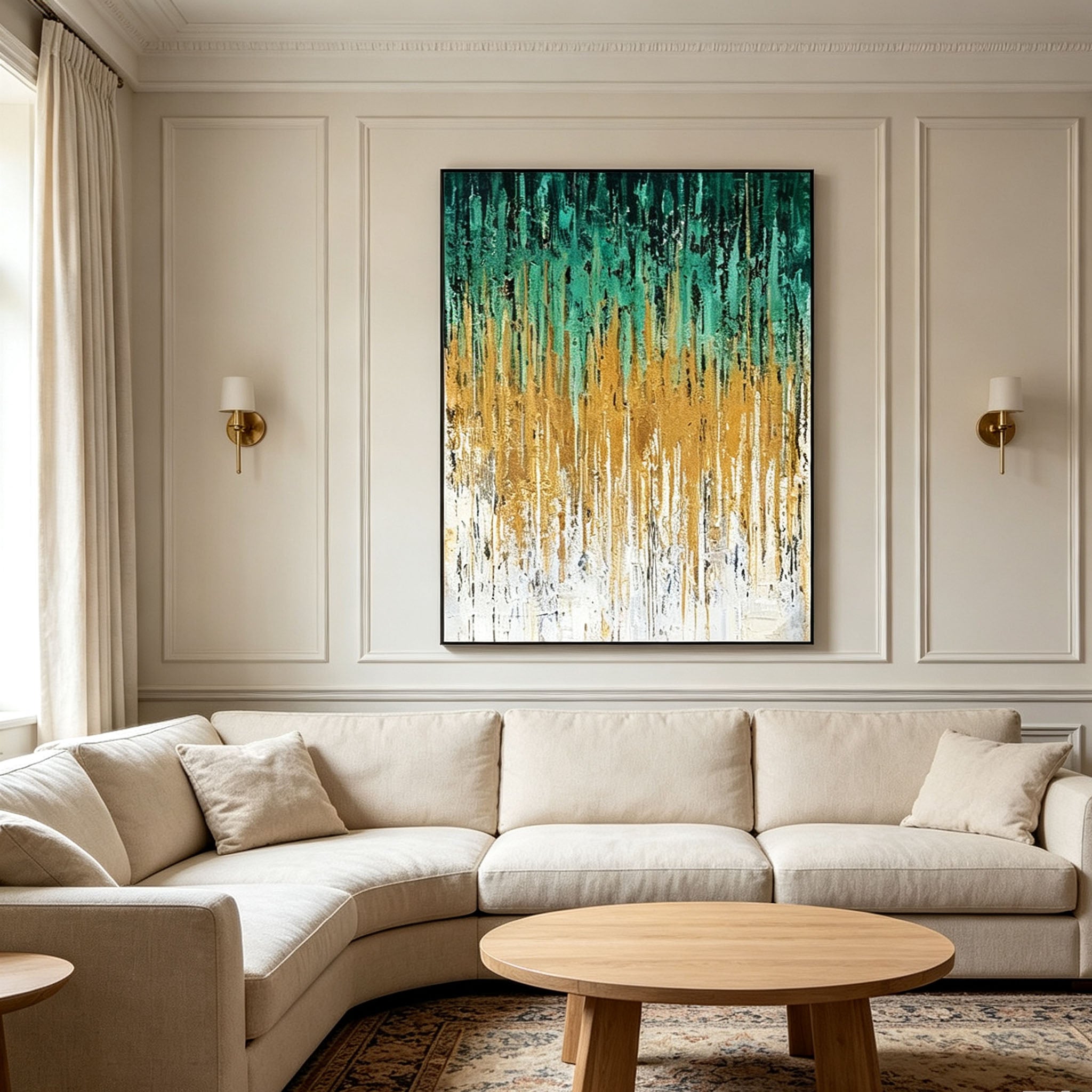Green Gold Abstract Wall Art, Vertical Striped Texture Oil Painting, Dark Green White Luxury Canvas, Modern Dining Room Wall Decor