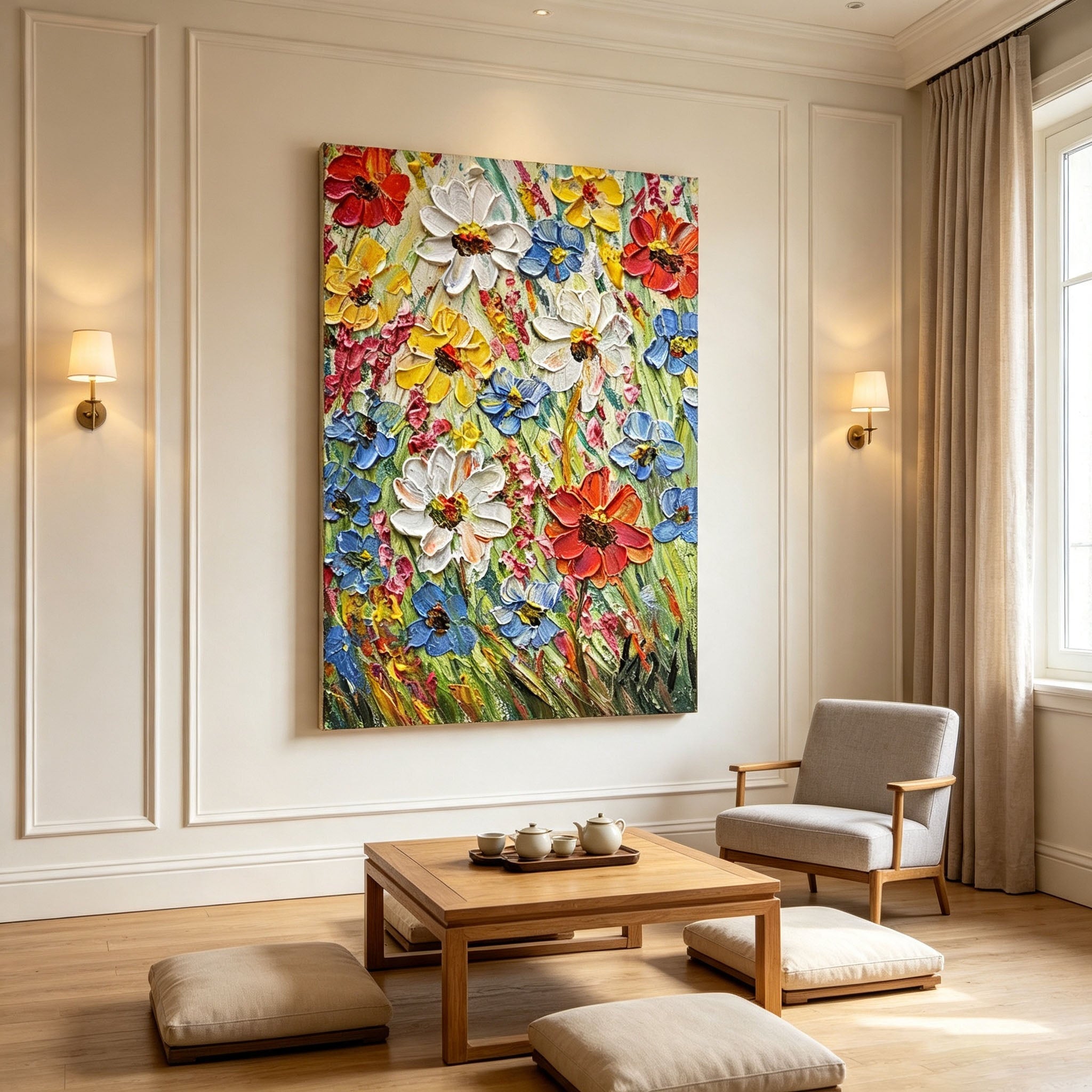 Daisy Floral Wall Art, Colorful Red Yellow Blue Flower Oil Painting, Large Textured Bouquet Canvas, Modern Living Room Wall Decor