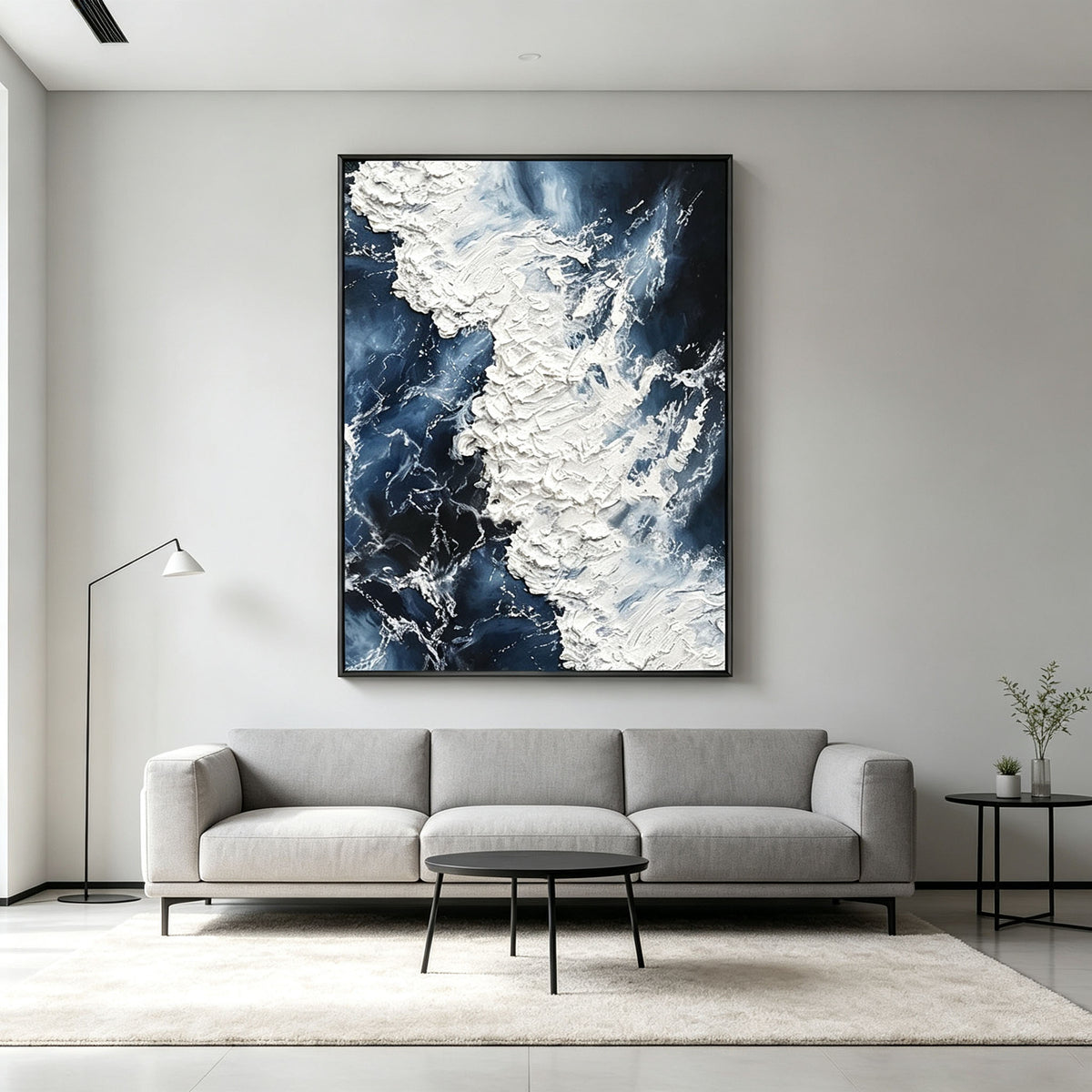 Blue Wave Wall Art, Abstract Ocean Impasto Oil Painting, Vertical Textured Sea Canvas, Black Frame Zen Tea Room Decor