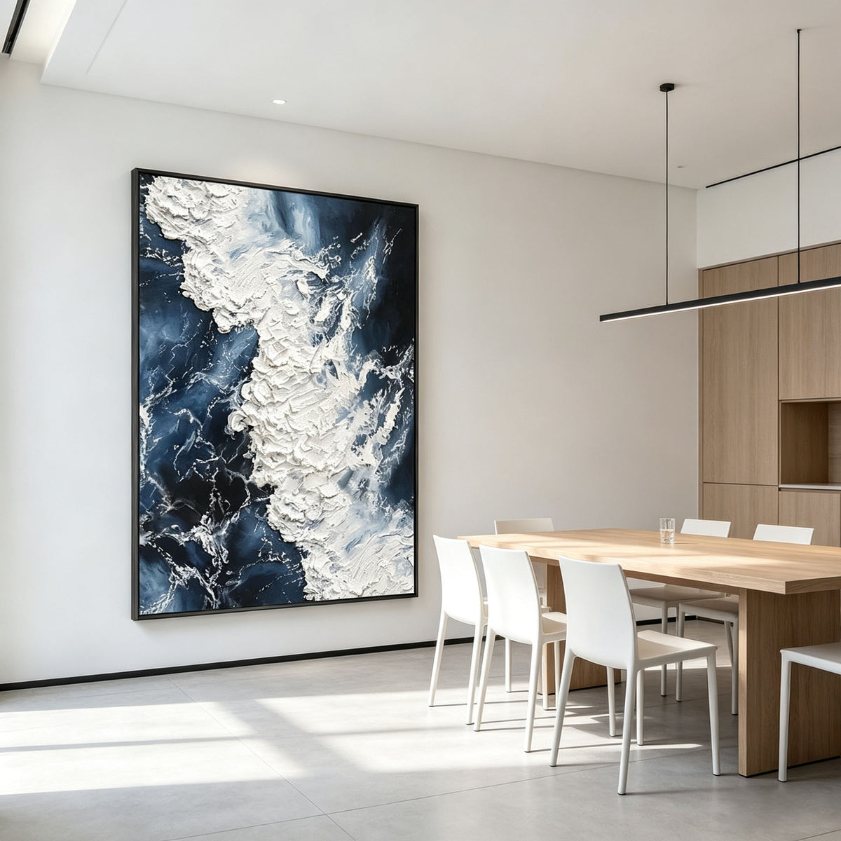 Blue Wave Wall Art, Abstract Ocean Impasto Oil Painting, Vertical Textured Sea Canvas, Black Frame Zen Tea Room Decor