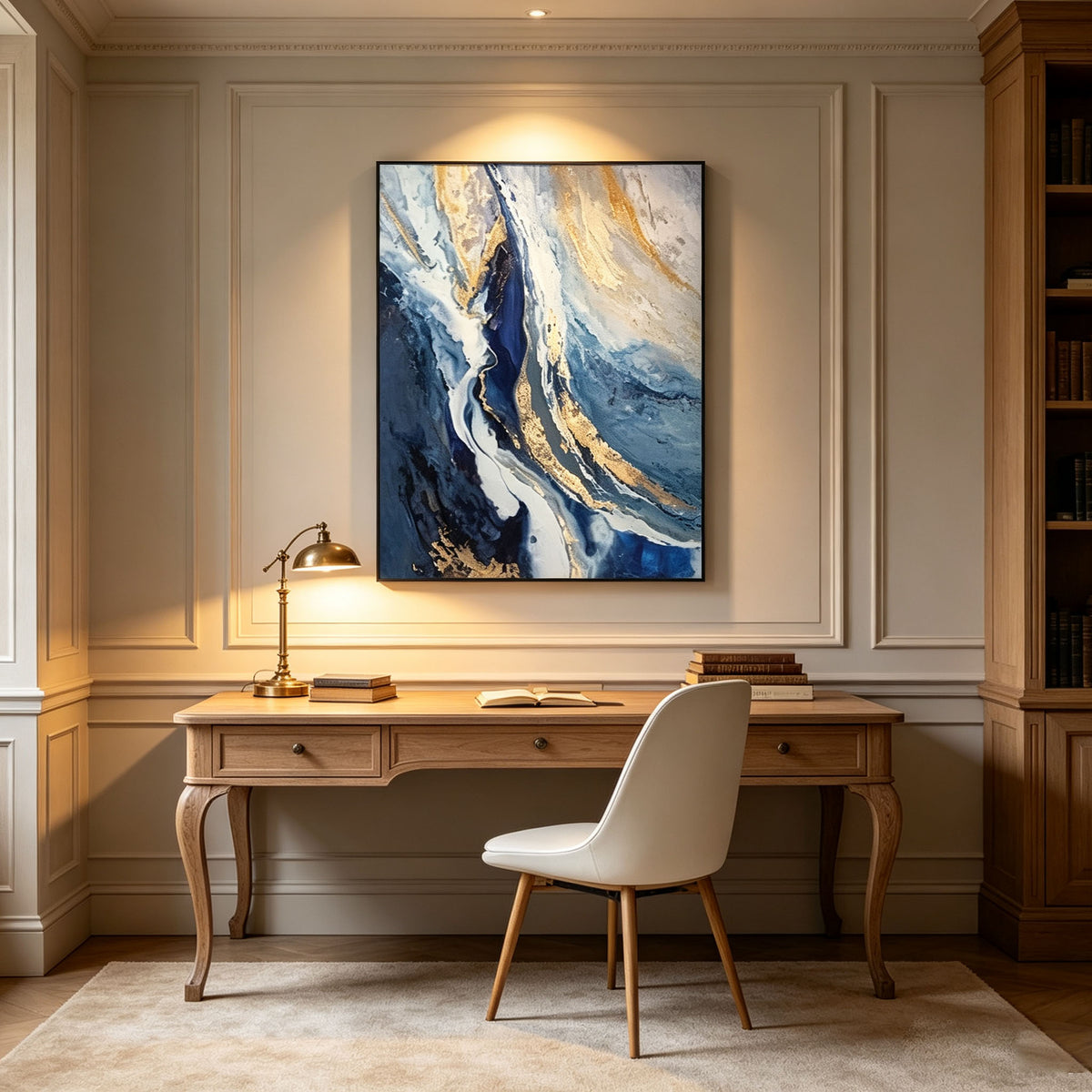 Blue Gold Abstract Wall Art, Fluid Art Oil Painting, Large Marble White Gold Texture Canvas, Black Frame Luxury Living Room Decor