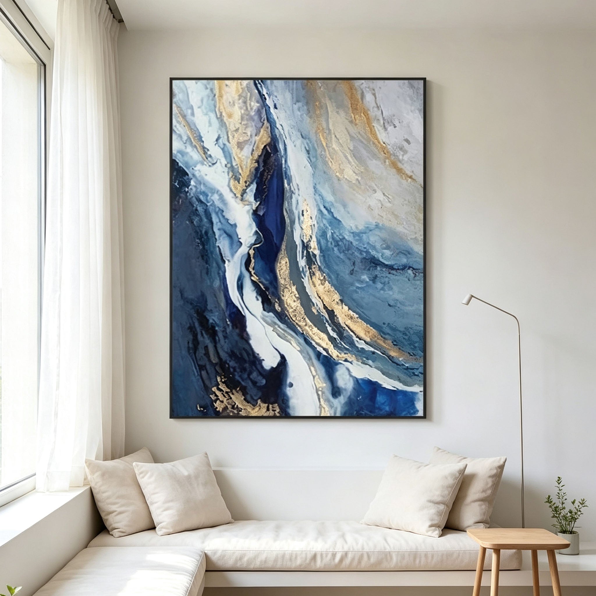 Blue Gold Abstract Wall Art, Fluid Art Oil Painting, Large Marble White Gold Texture Canvas, Black Frame Luxury Living Room Decor