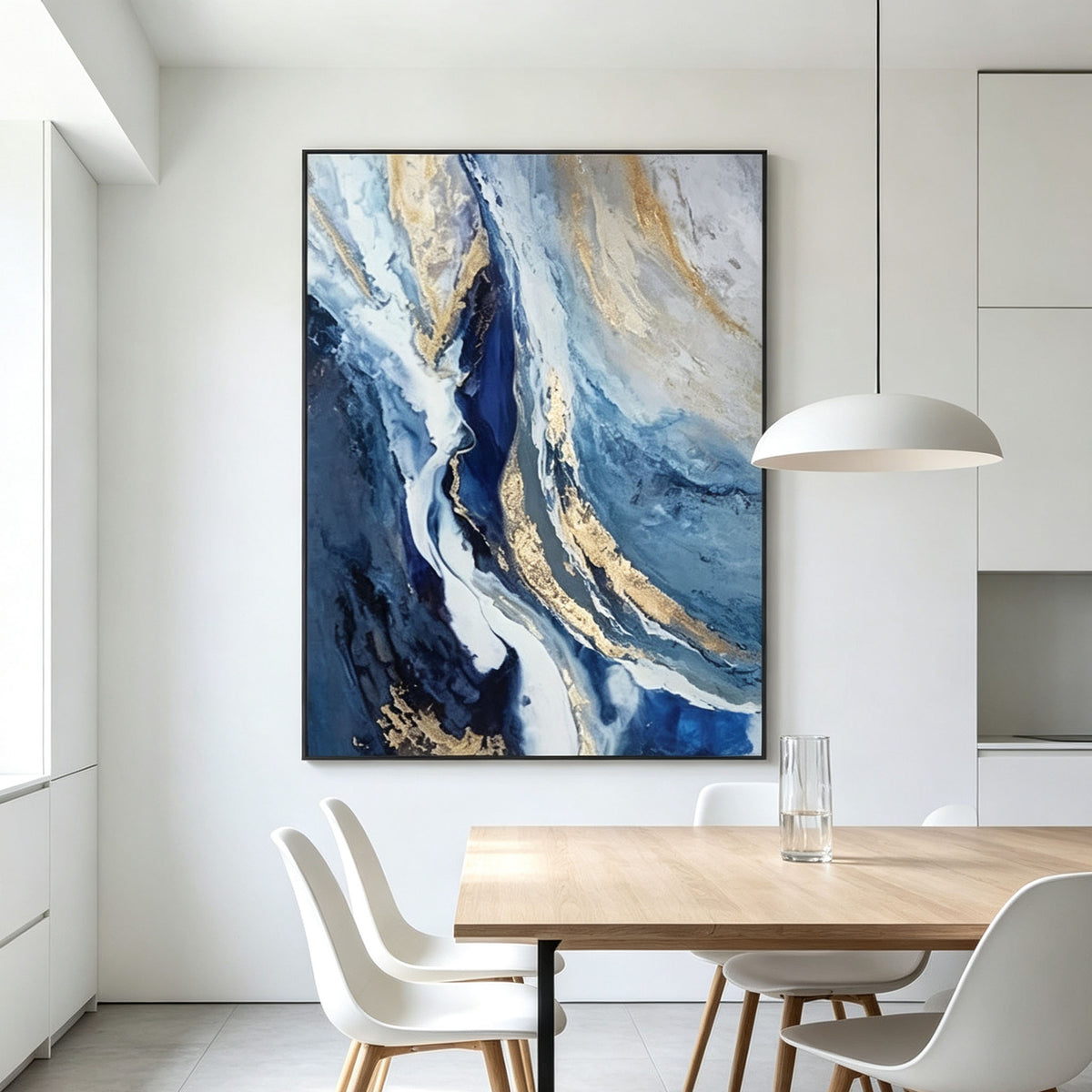 Blue Gold Abstract Wall Art, Fluid Art Oil Painting, Large Marble White Gold Texture Canvas, Black Frame Luxury Living Room Decor