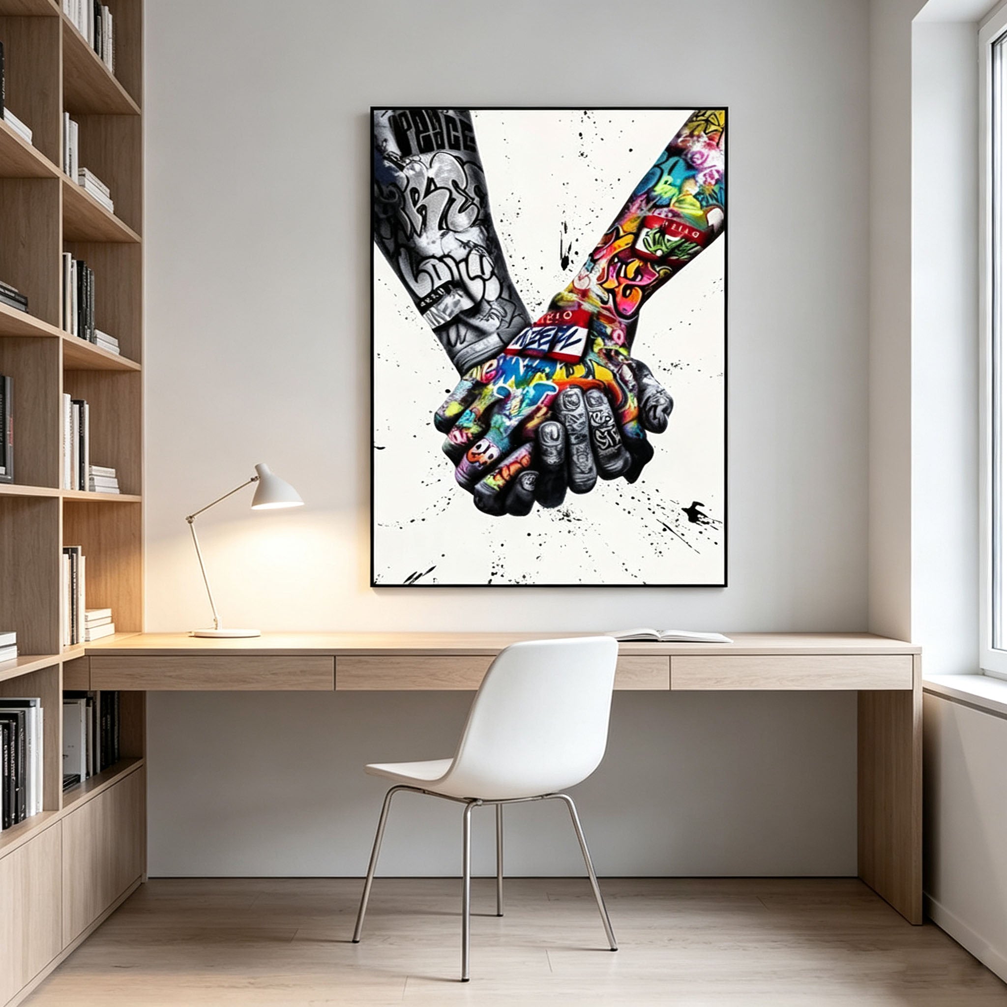 Graffiti Holding Hands Canvas Wall Art | Street Art Unity Peace Painting for Modern Home Decor