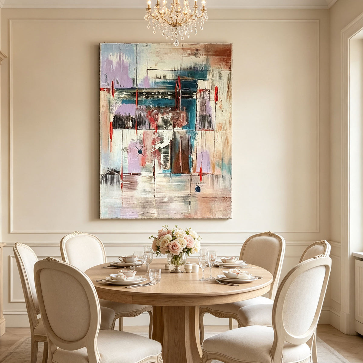 Purple Blue Abstract Wall Art, Colorful Layered Oil Painting, Red Green Elegant Textured Canvas, Luxury Dining Room Wall Decor
