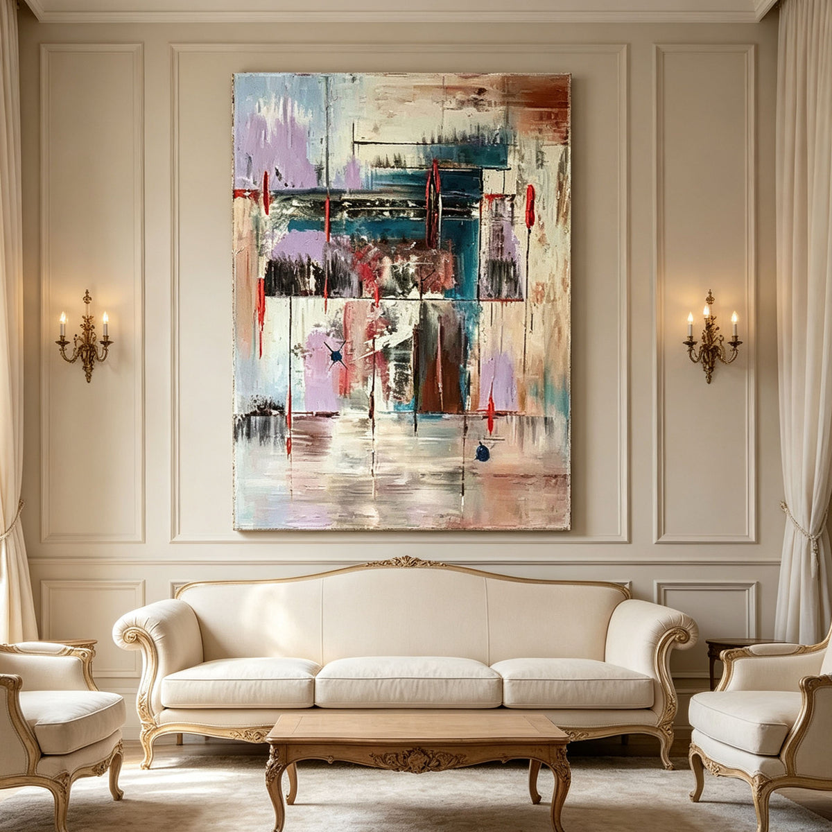 Purple Blue Abstract Wall Art, Colorful Layered Oil Painting, Red Green Elegant Textured Canvas, Luxury Dining Room Wall Decor