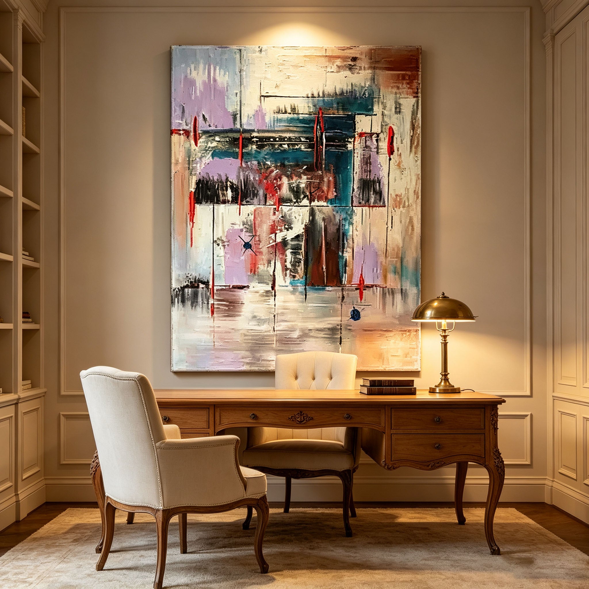 Purple Blue Abstract Wall Art, Colorful Layered Oil Painting, Red Green Elegant Textured Canvas, Luxury Dining Room Wall Decor