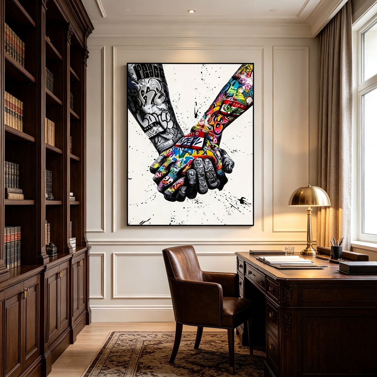 Graffiti Holding Hands Canvas Wall Art | Street Art Unity Peace Painting for Modern Home Decor