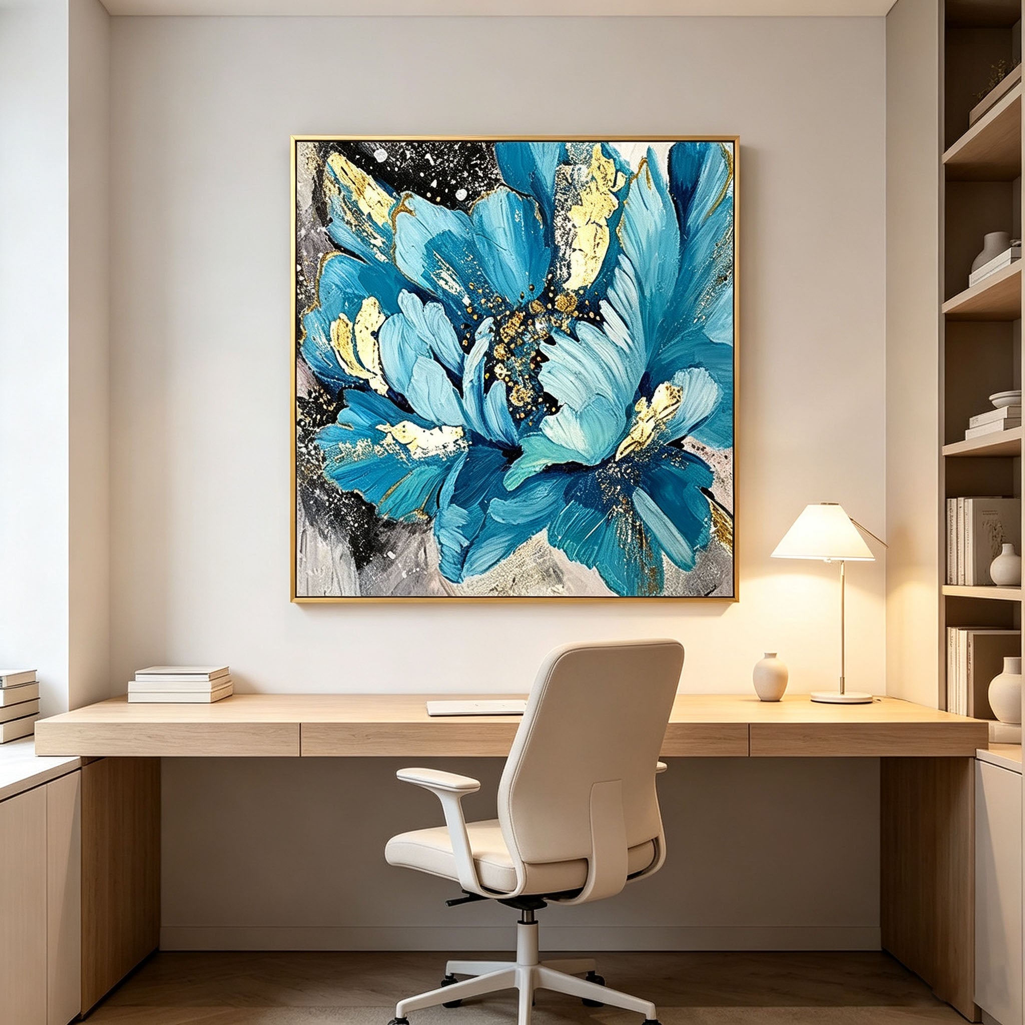 Thick Impasto Blue Flower Oil Painting, Gold Foil Textured Floral Canvas Wall Art, Modern Large Bloom Botanical Decor