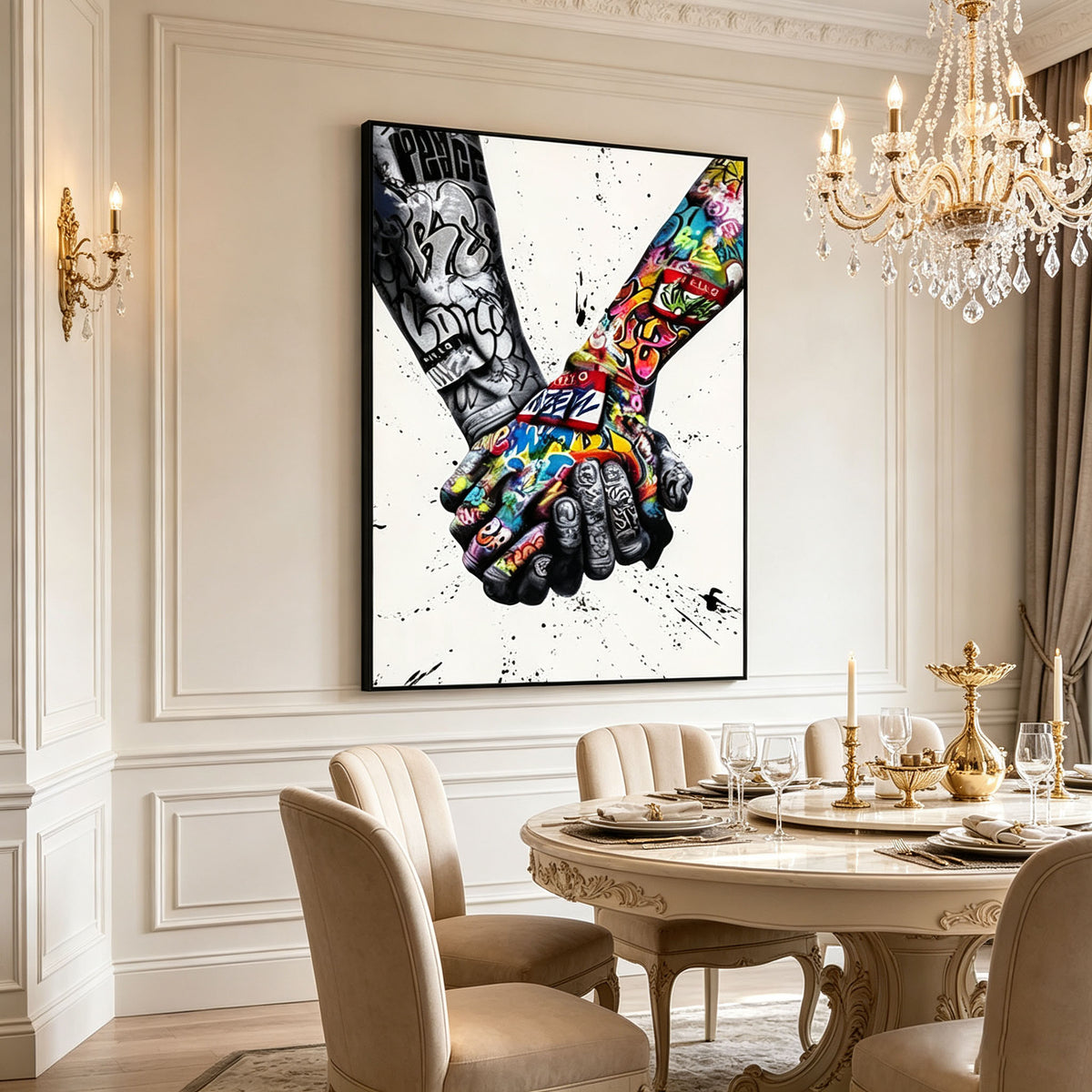 Graffiti Holding Hands Canvas Wall Art | Street Art Unity Peace Painting for Modern Home Decor