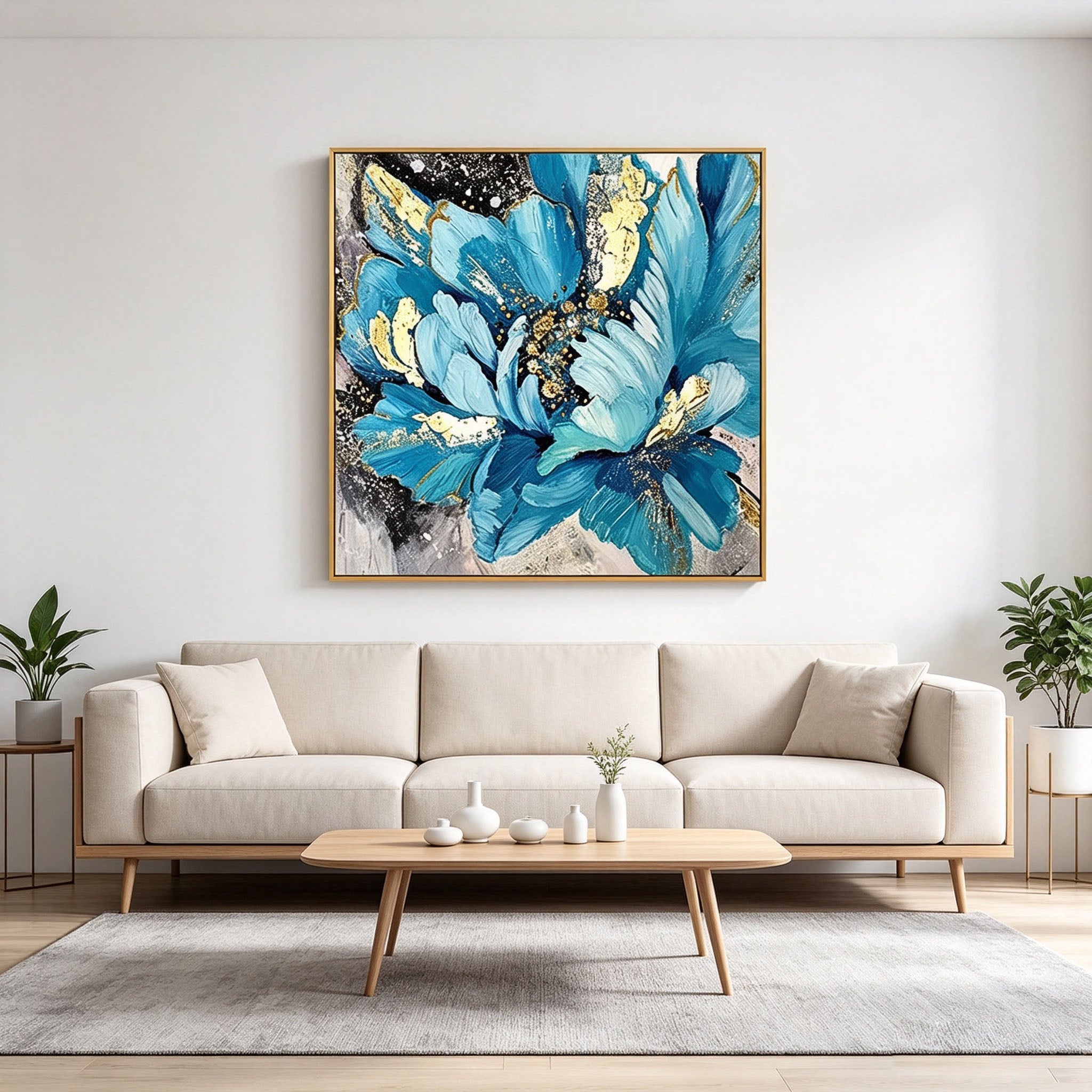 Thick Impasto Blue Flower Oil Painting, Gold Foil Textured Floral Canvas Wall Art, Modern Large Bloom Botanical Decor