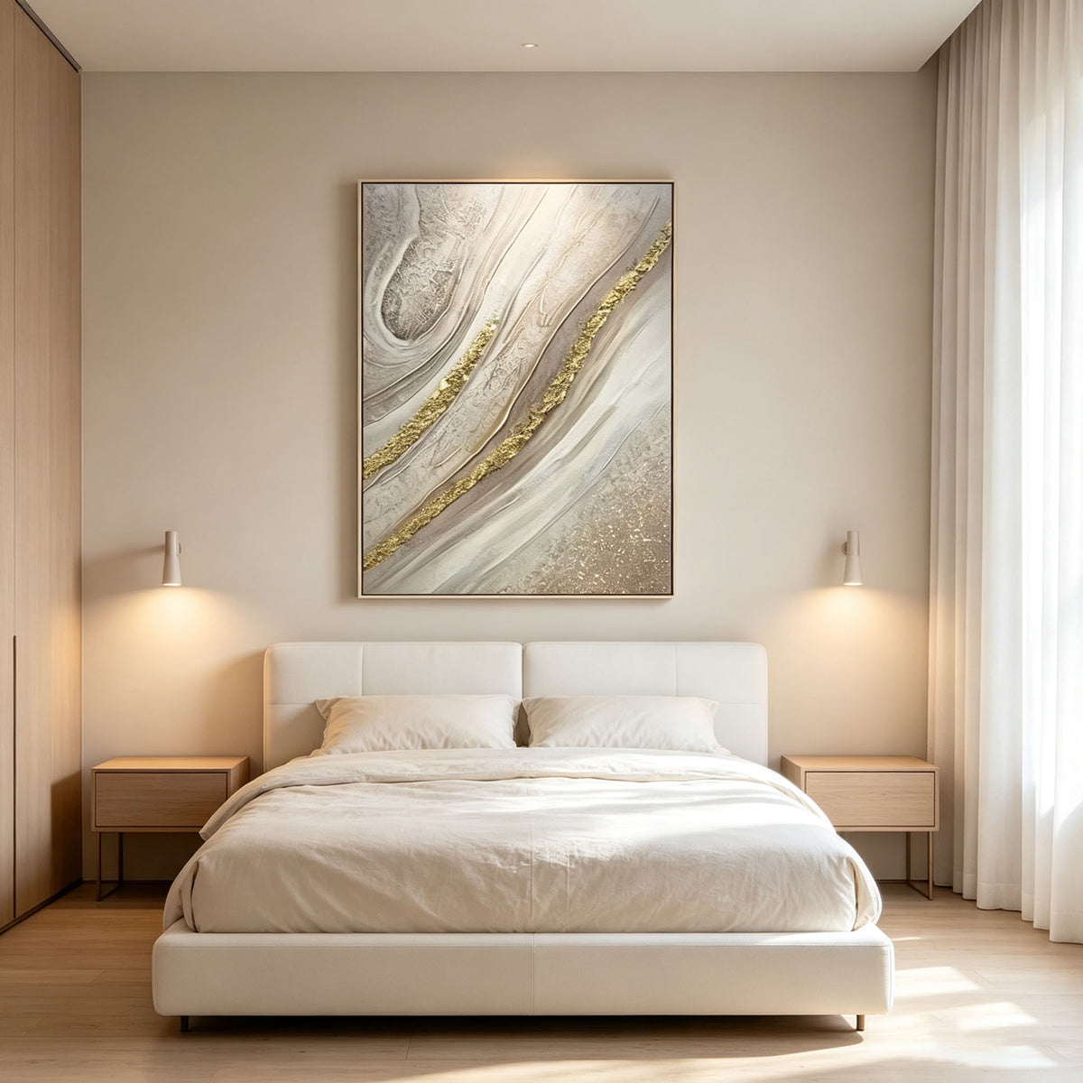 Silver Gold Abstract Wall Art, Vertical Textured Oil Painting, Gray White Gold Swirl Canvas, Modern Office Black Frame Decor