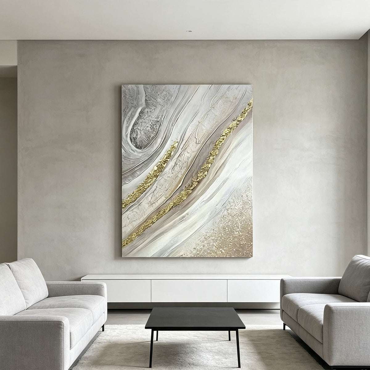 Silver Gold Abstract Wall Art, Vertical Textured Oil Painting, Gray White Gold Swirl Canvas, Modern Office Black Frame Decor
