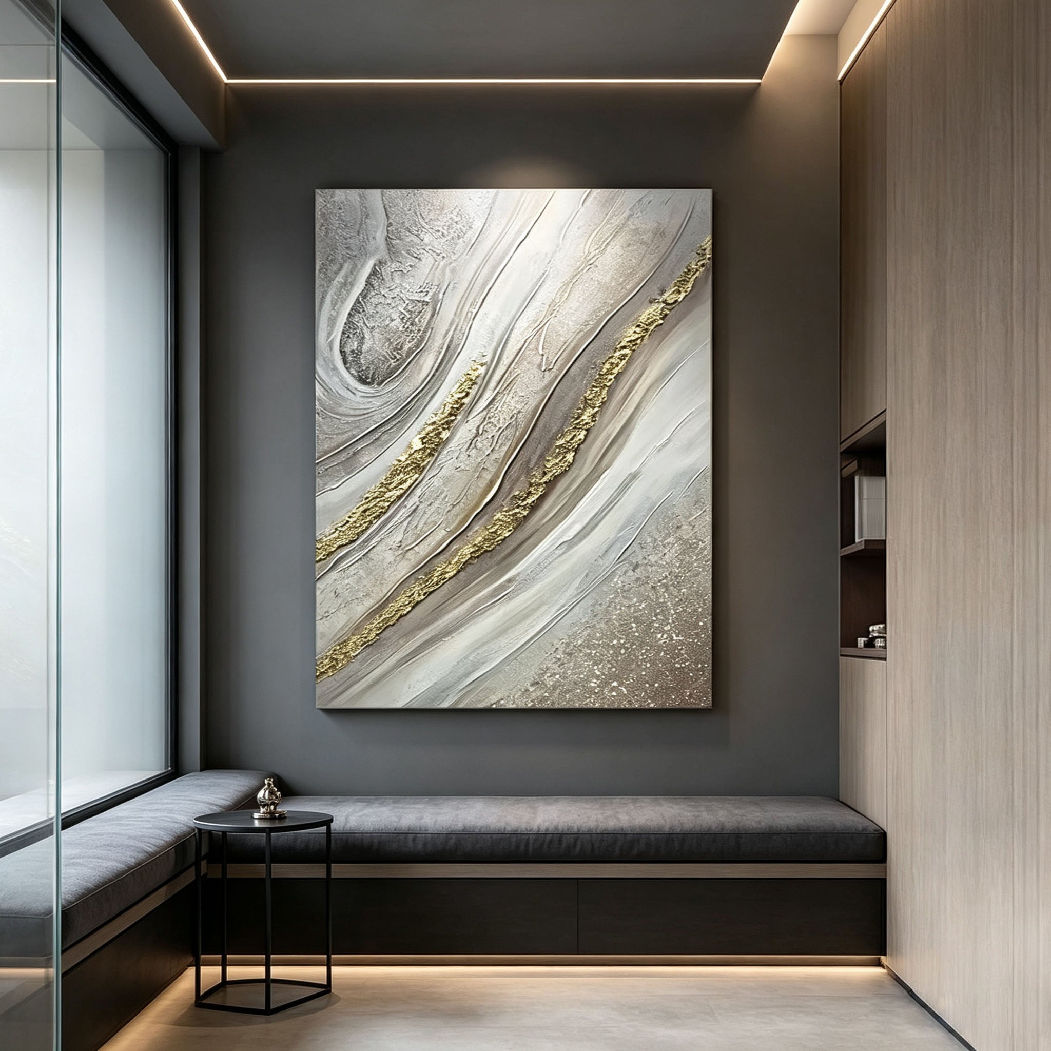Silver Gold Abstract Wall Art, Vertical Textured Oil Painting, Gray White Gold Swirl Canvas, Modern Office Black Frame Decor