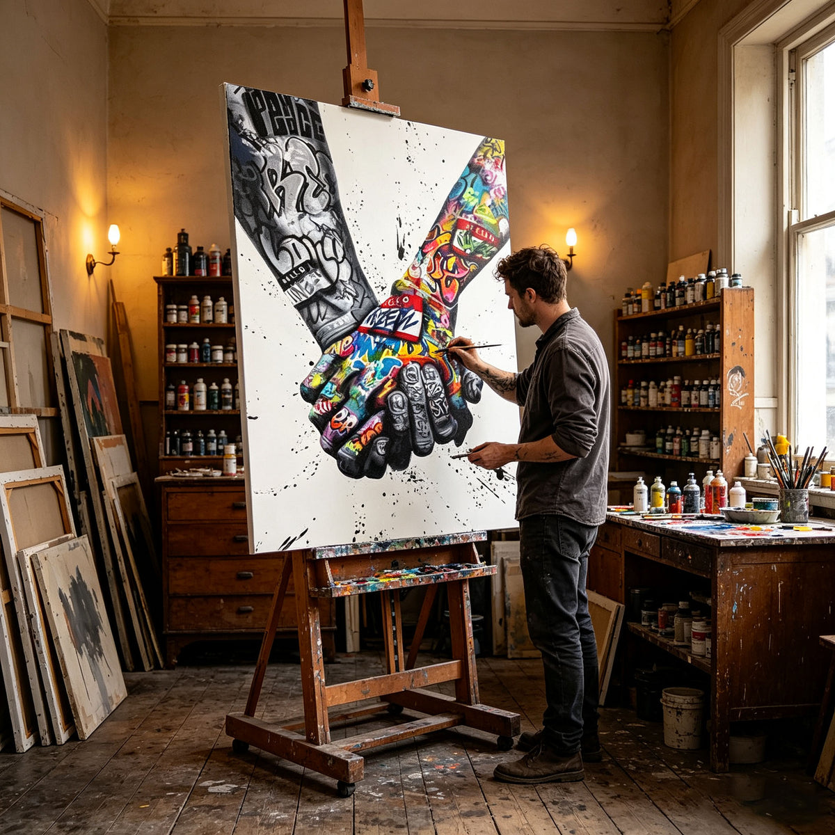 Graffiti Holding Hands Canvas Wall Art | Street Art Unity Peace Painting for Modern Home Decor