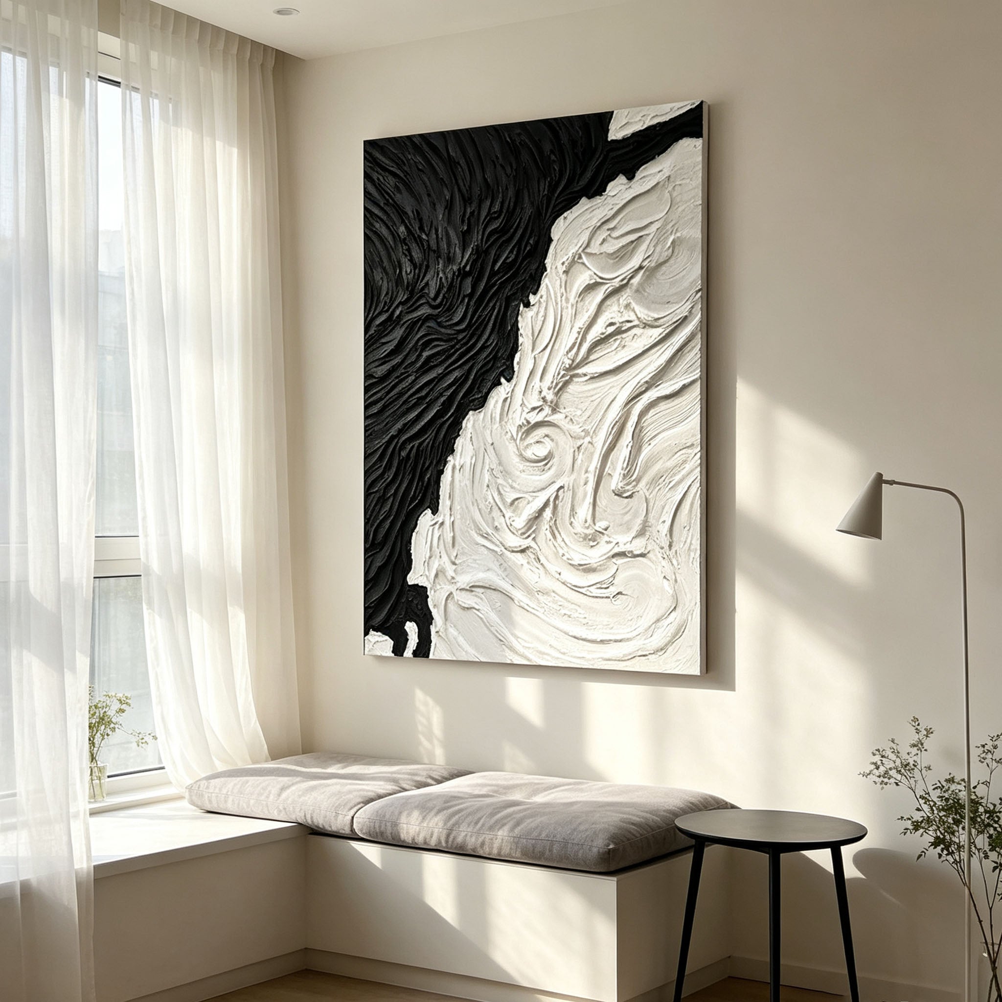 Black White Abstract Wall Art, Large Impasto Swirl Oil Painting, Textured Monochrome Canvas, Modern Office Art Decor