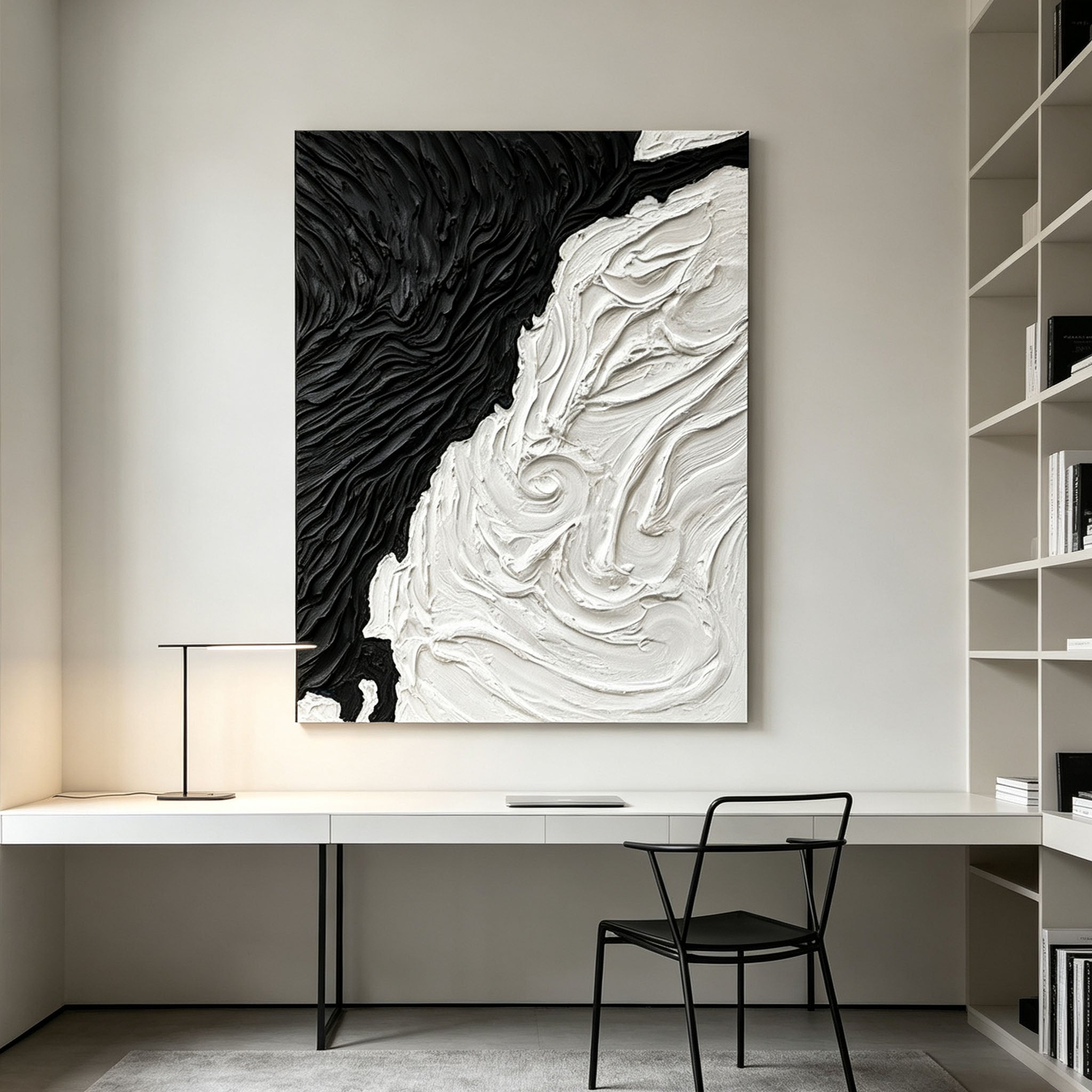 Black White Abstract Wall Art, Large Impasto Swirl Oil Painting, Textured Monochrome Canvas, Modern Office Art Decor