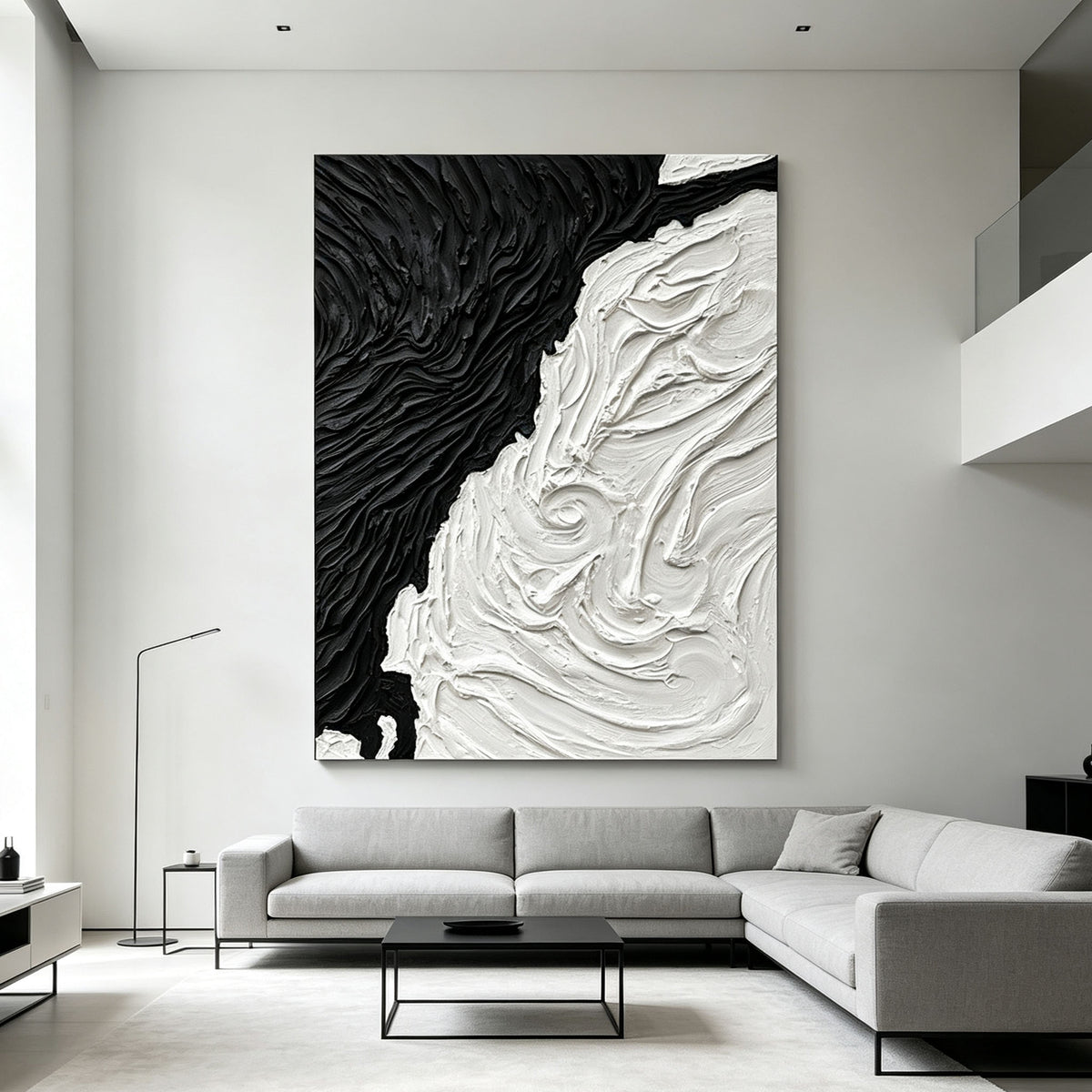 Black White Abstract Wall Art, Large Impasto Swirl Oil Painting, Textured Monochrome Canvas, Modern Office Art Decor