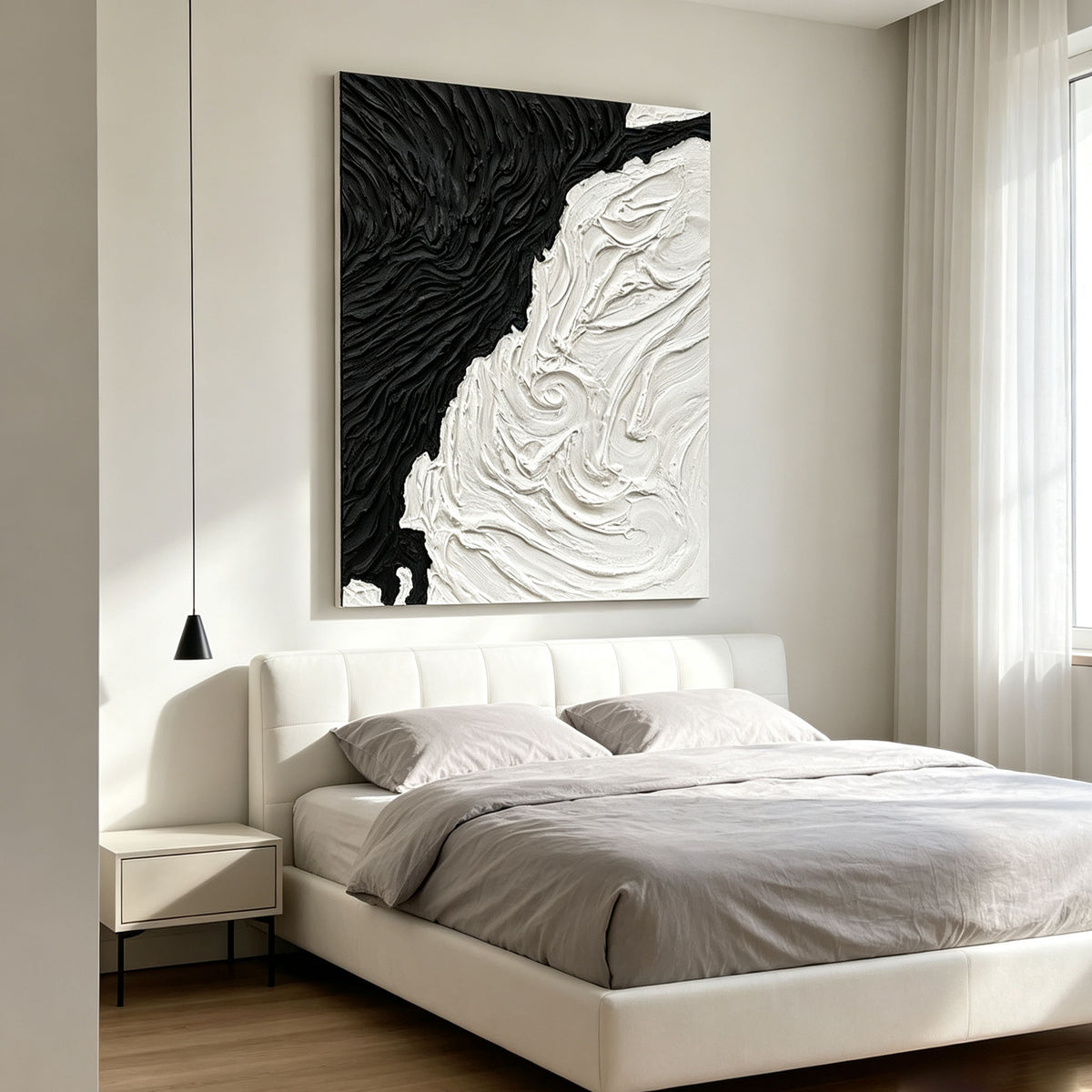 Black White Abstract Wall Art, Large Impasto Swirl Oil Painting, Textured Monochrome Canvas, Modern Office Art Decor